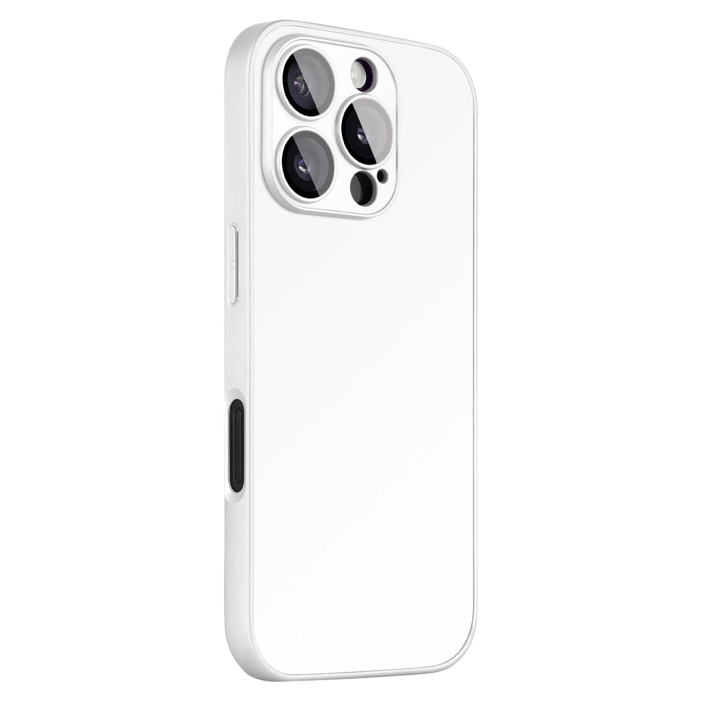 Das arktis iPhone 16 Pro Tech Case, eine stoßabsorbierende weiße TPU-Silikonhülle der Marke arktis, schützt ein Smartphone mit drei Rückkameras und Blitz, abgebildet aus rückseitiger Perspektive vor neutralem Hintergrund.