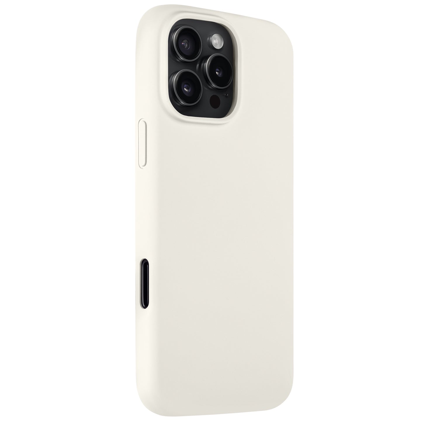 Das Arktis iPhone 16 Pro Silikon Case in Weiß schützt das iPhone 16 Pro mit drei Kameras, Blitz und seitlichen Tasten. Die schlanke Hülle von Arktis unterstützt kabelloses Laden und wird auf weißem Hintergrund präsentiert.