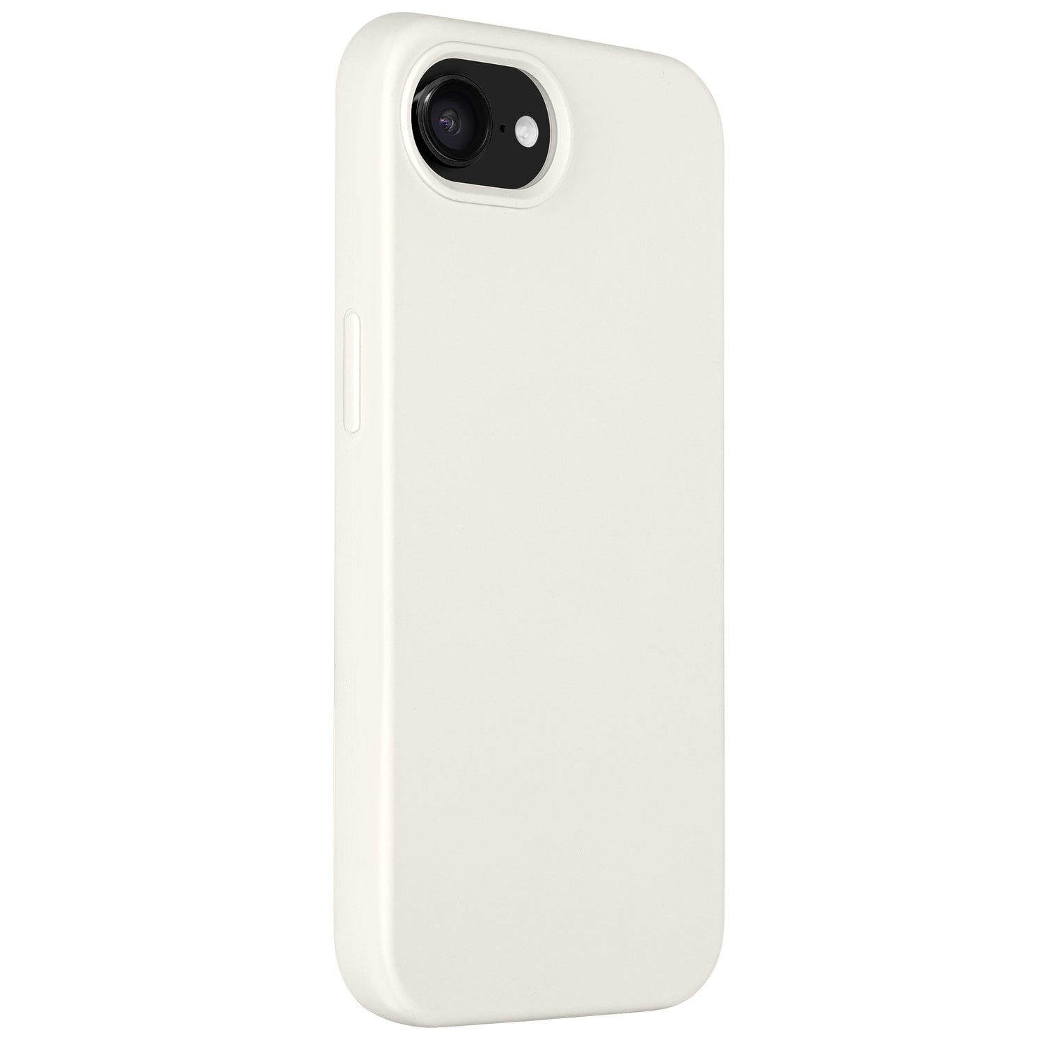 Die Arktis iPhone 16e Silikonhülle von Arktis verfügt über ein elegantes, weißes Hüllendesign mit einem weichen Mikrofaser-Innenfutter, das auf einem Telefon angebracht ist, das die Rückkamera und die Seitenansicht vor einem schlichten Hintergrund zeigt.