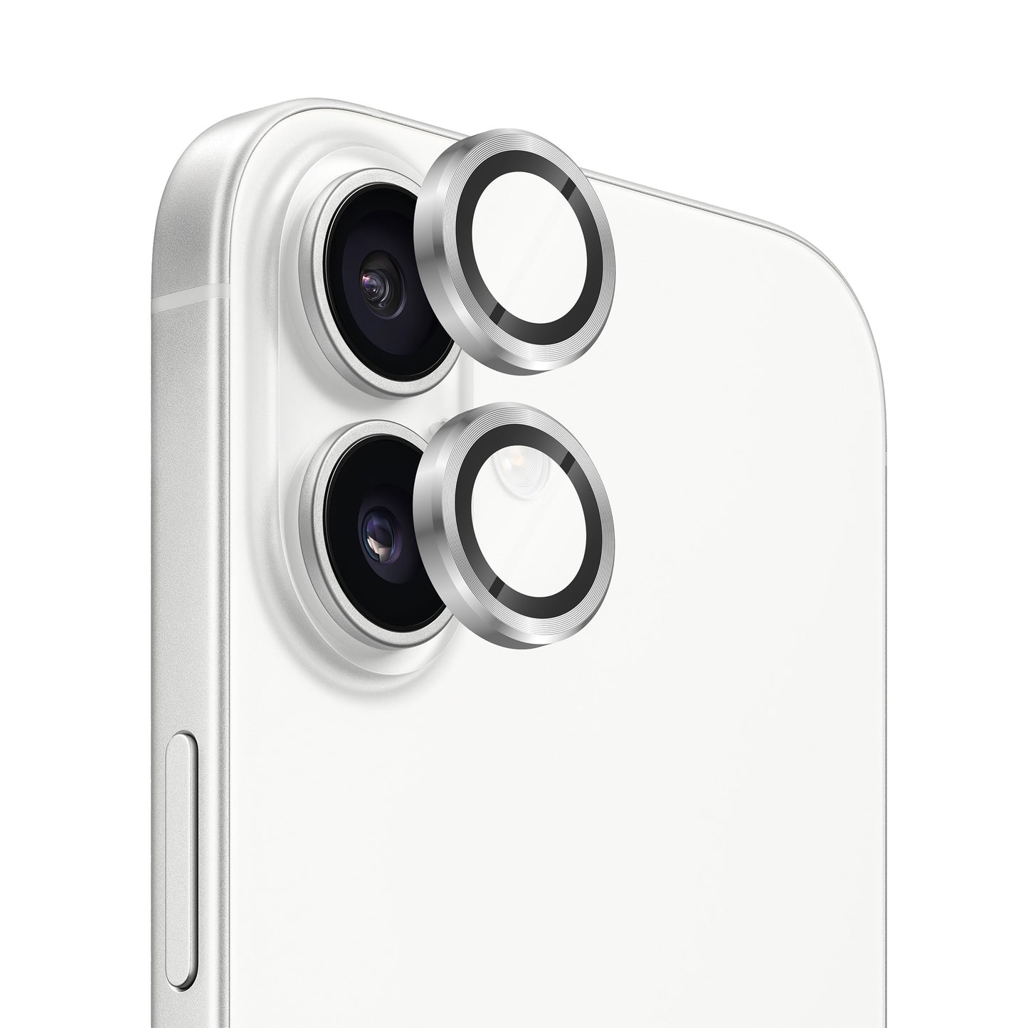 Nahaufnahme eines weißen Smartphones, auf dessen Rückkameras zwei arktis iPhone 17 Lens Protectors von arktis angebracht sind.