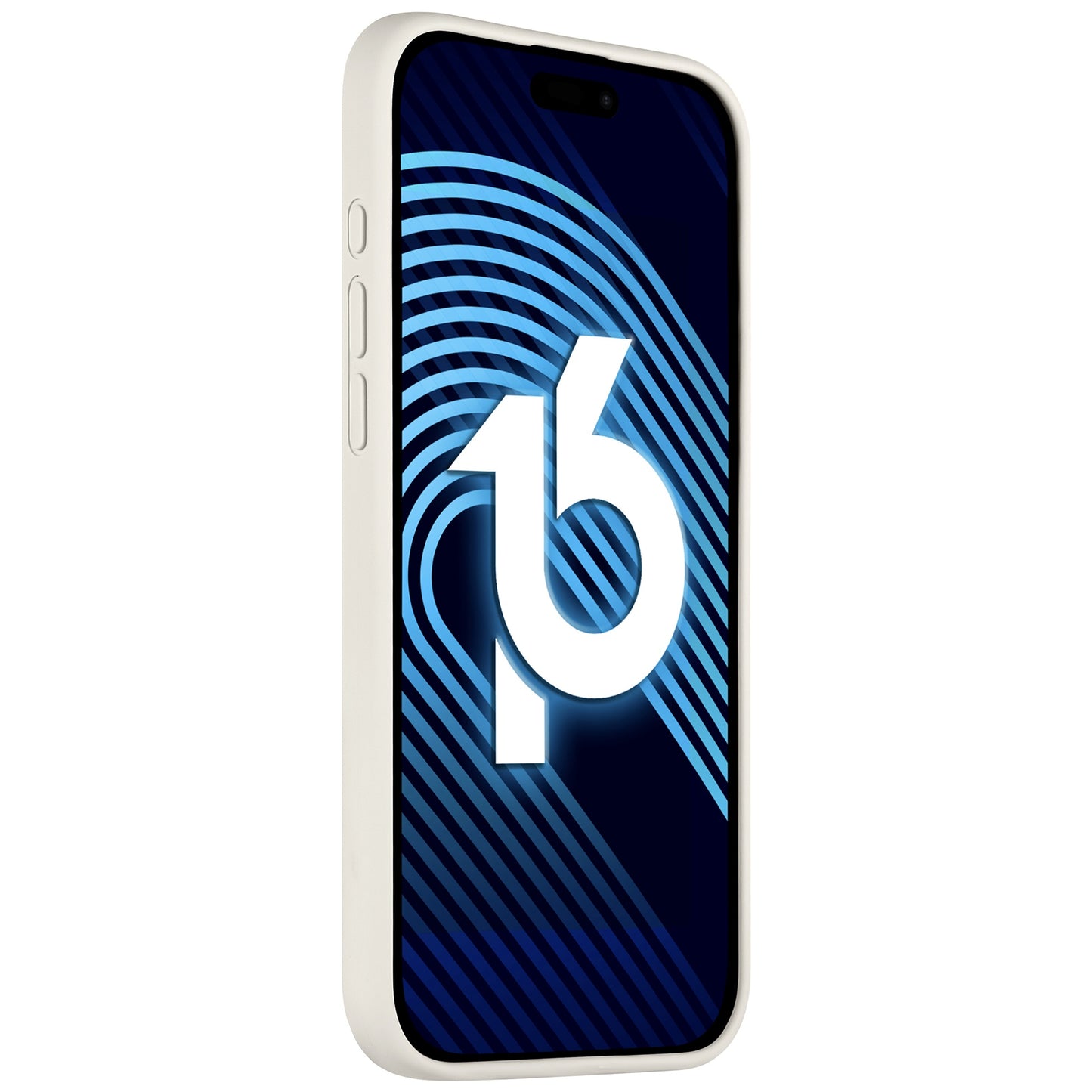 Das Arktis iPhone 16 Pro Silikon Case von Arktis zeigt ein abgewinkeltes iPhone 16 Pro und besticht durch seine elegante, schlanke Passform. Das Display hat einen blau-schwarzen diagonalen Hintergrund mit der fettgedruckten weißen Zahl 16, die das neueste Modell hervorhebt.