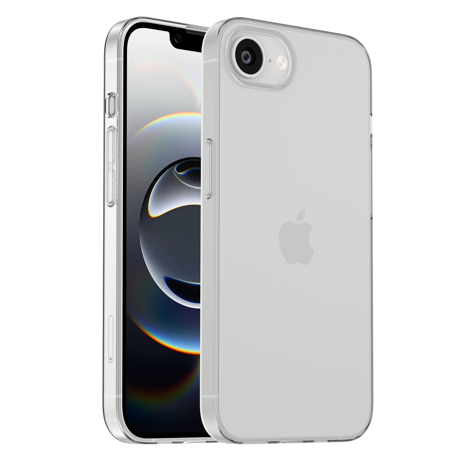 Das Arktis iPhone 16e Zero Case, eine ultradünne TPU-Silikon-Schutzhülle, ist auf der Vorder- und Rückseite mit einem dunklen abstrakten Hintergrundbild auf dem Bildschirm und dem stoßfesten Apple-Logo auf der Rückseite sichtbar.