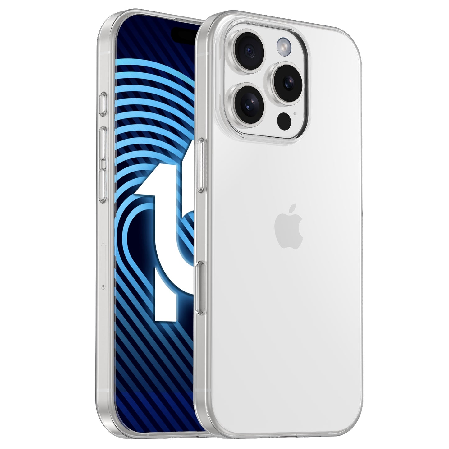 Das arktis iPhone 17 ZERO Case, eine transparente, ultradünne Hülle von arktis, schützt ein silbernes iPhone 17 mit drei rückseitigen Kameras. Das Display zeigt ein blau-schwarzes abstraktes Design mit einer fettgedruckten weißen „1“, und das Apple-Logo bleibt auf der Rückseite sichtbar.