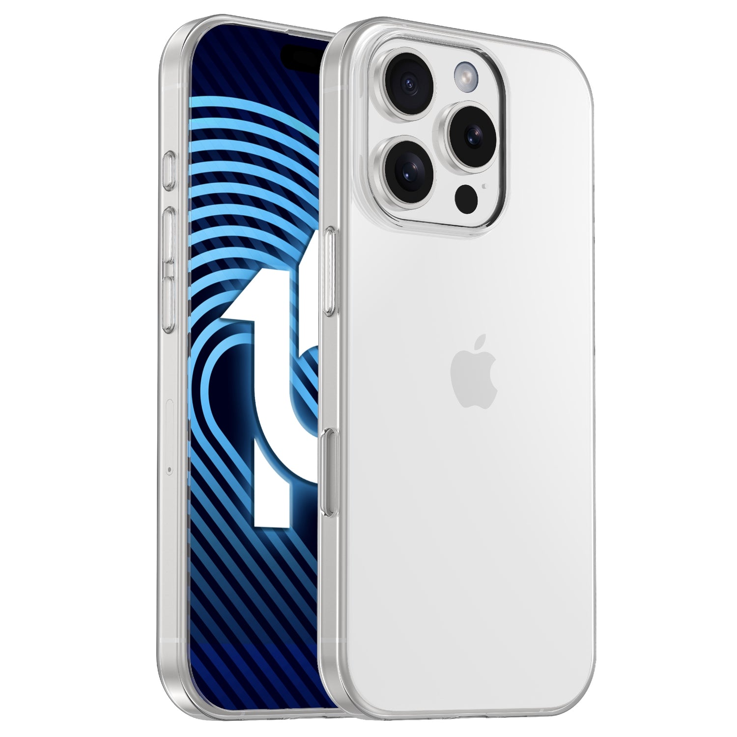 Das arktis iPhone 17 ZERO Case, eine transparente, ultradünne Hülle von arktis, schützt ein silbernes iPhone 17 mit drei rückseitigen Kameras. Das Display zeigt ein blau-schwarzes abstraktes Design mit einer fettgedruckten weißen „1“, und das Apple-Logo bleibt auf der Rückseite sichtbar.
