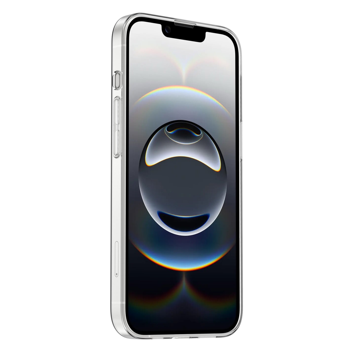 Das arktis iPhone 16e Zero Case von arktis passt auf ein modernes, ultradünnes Smartphone mit silbernem Rahmen und seitlichen Tasten auf der linken Seite. Ein dunkles, abstraktes Hintergrundbild mit einer reflektierenden Kugel wertet den Look auf. Die Hülle bietet robusten TPU-Silikon-Schutz.