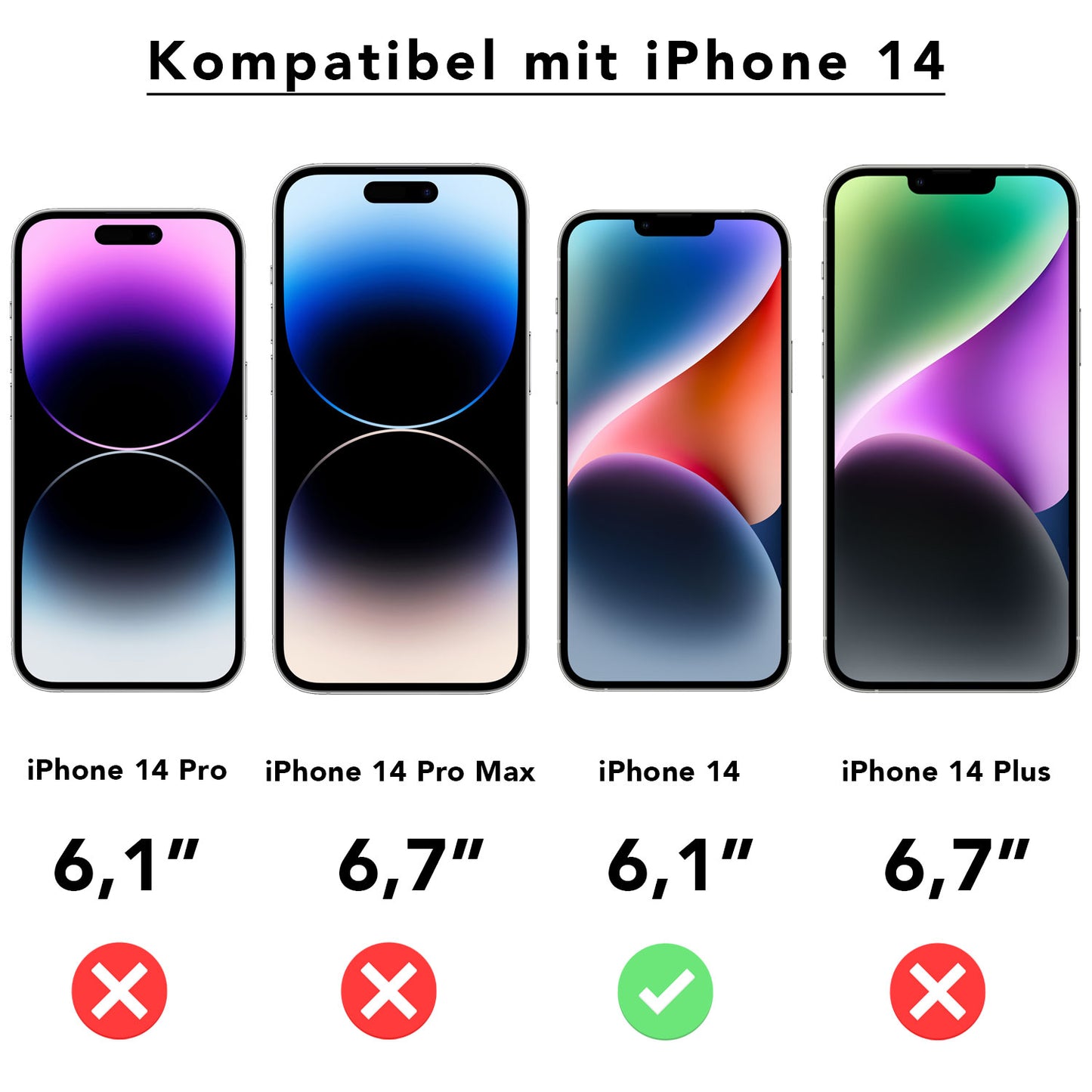 Von den vier iPhone-Modellen wird nur das arktis 2er Set iPhone 14 REVOLUTION Glas-Displayschutz von arktis als kompatibel angezeigt – dank Aluminium-Silikat-Glas und EZ.INSTALL Box – gekennzeichnet durch ein grünes Häkchen.
