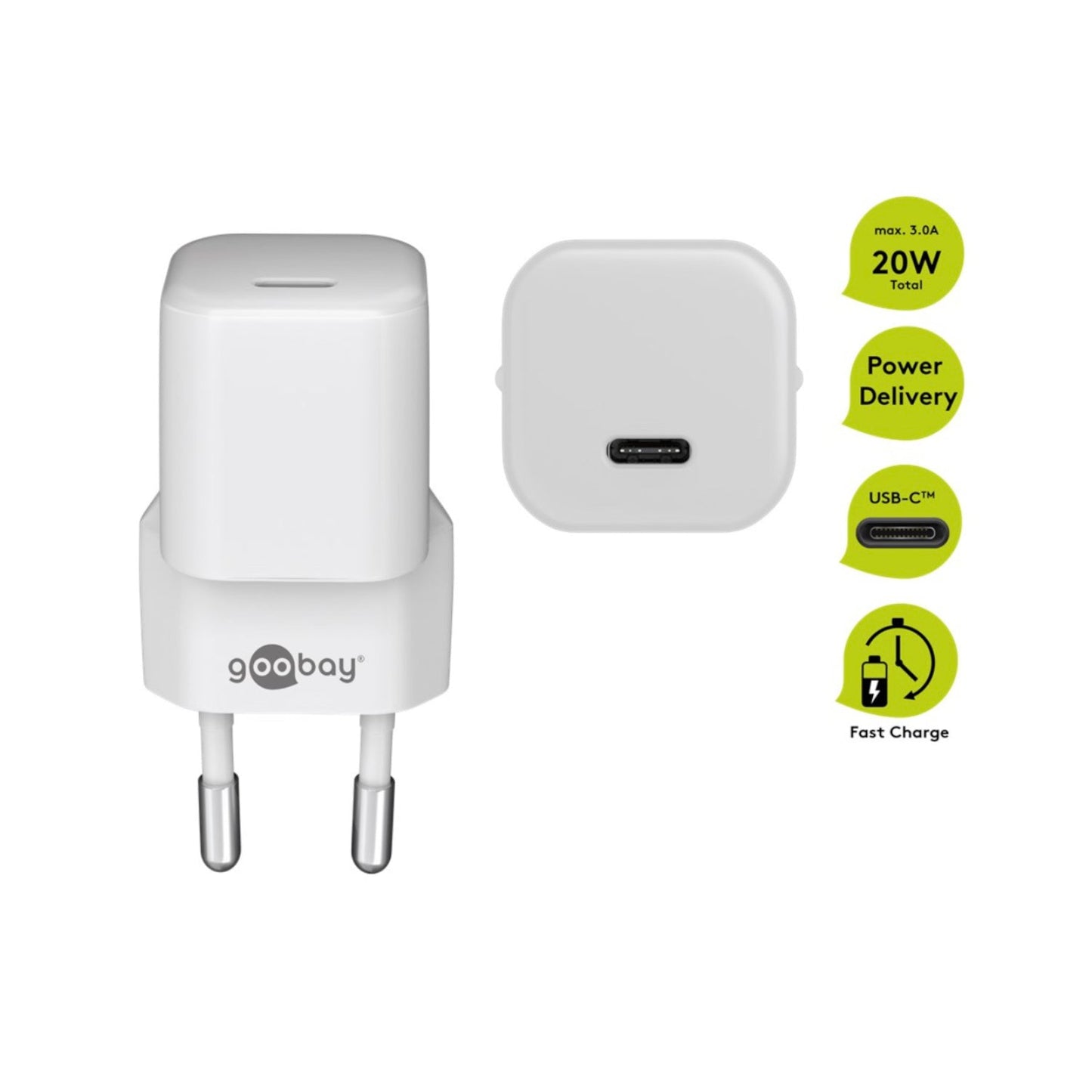 Das Goobay USB-C PD GaN Schnellladegerät Nano 30 W ist von vorne und oben abgebildet und verfügt über Beschriftungen für 30 W Power Delivery, einen USB-C-Anschluss und Fast Charge. Die europäischen Steckerstifte sind sichtbar und eignen sich ideal für die Kopplung mit MagSafe-Ladegeräten.