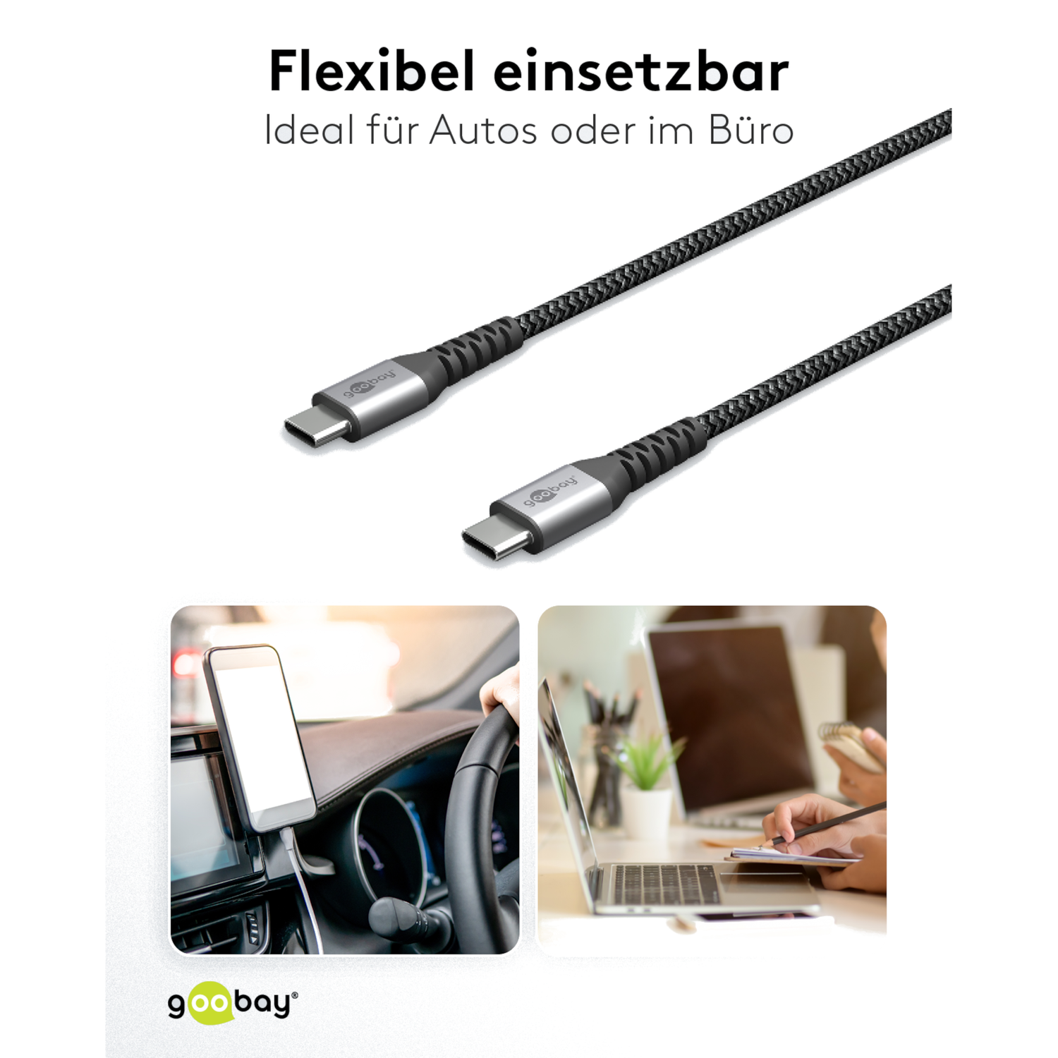 Das Goobay USB-C auf USB-C Textilkabel mit Metallsteckern lädt im Auto Ihr Handy und sorgt am Schreibtisch für schnelle Datenübertragung zwischen Laptop und Gerät. Flexibel einsetzbar – ideal fürs Auto oder Büro.