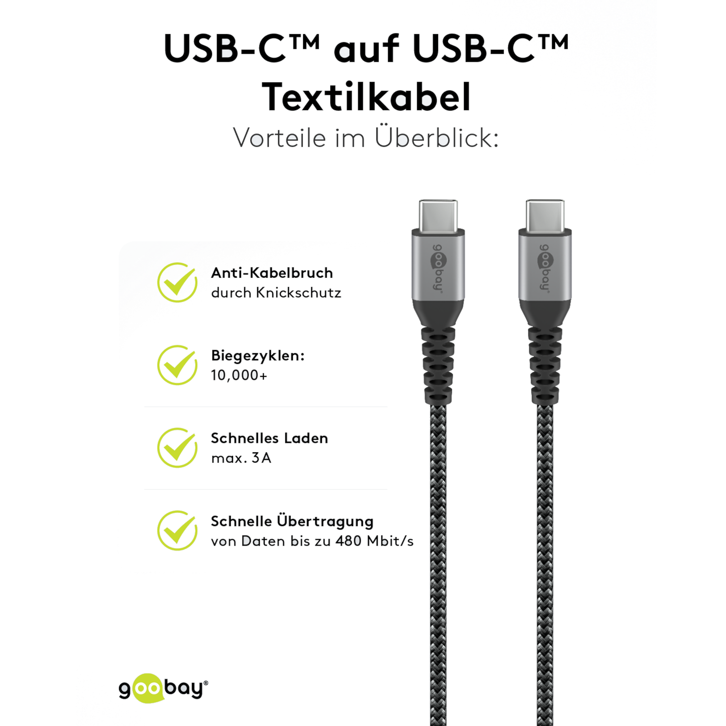 Bild des Goobay USB-C auf USB-C Textilkabel mit Metallsteckern, zeigt vier deutsche Features: langlebig, über 10.000 Biegungen, schnelles Laden bis 3A und Datenübertragung bis 480 Mbit/s. Goobay Logo unten.