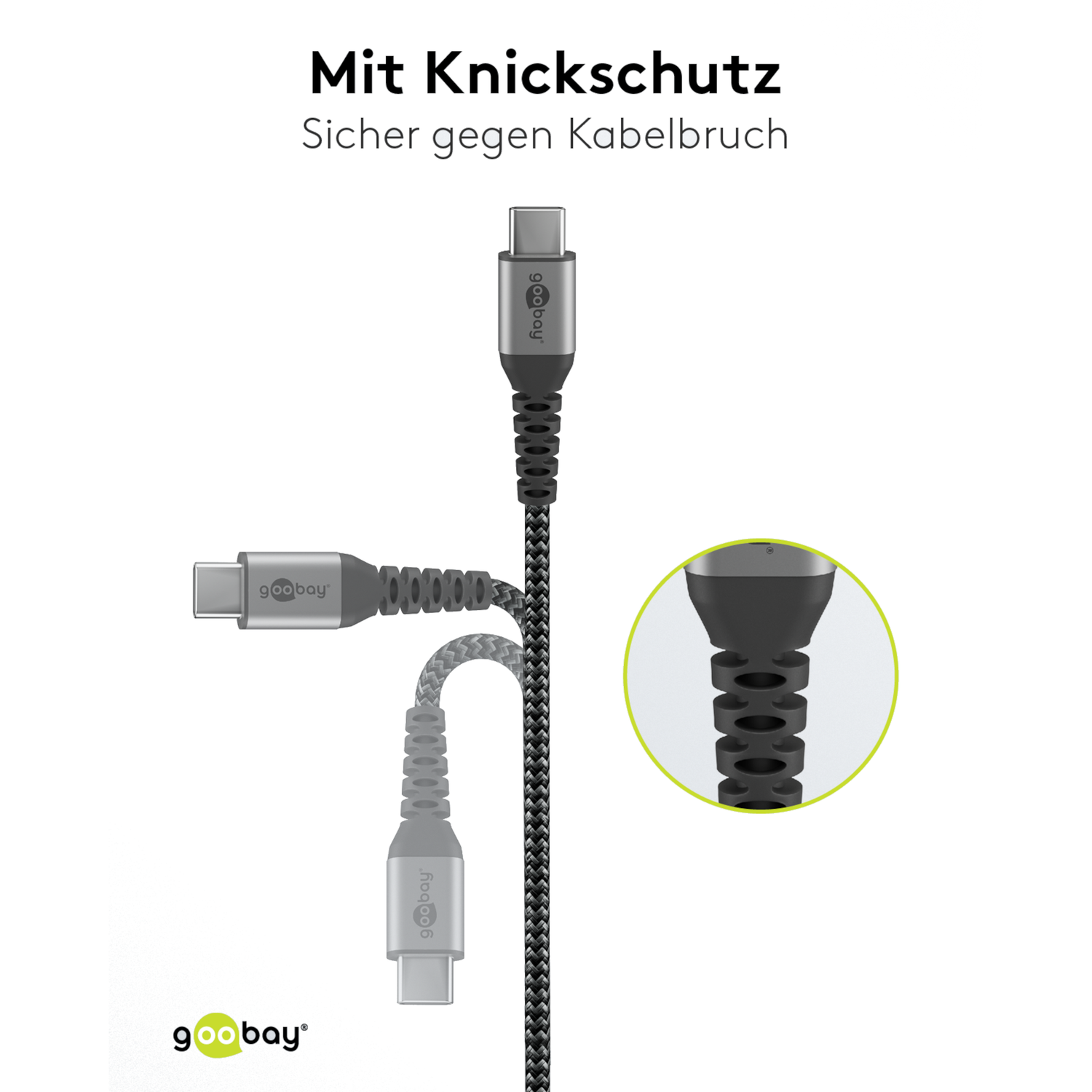 Drei Goobay USB-C auf USB-C Textilkabel mit Metallsteckern und verstärktem Knickschutz sind abgebildet. Ein Kabel verfügt über eine robuste Textilummantelung. Die sichere Datenübertragung wird betont.