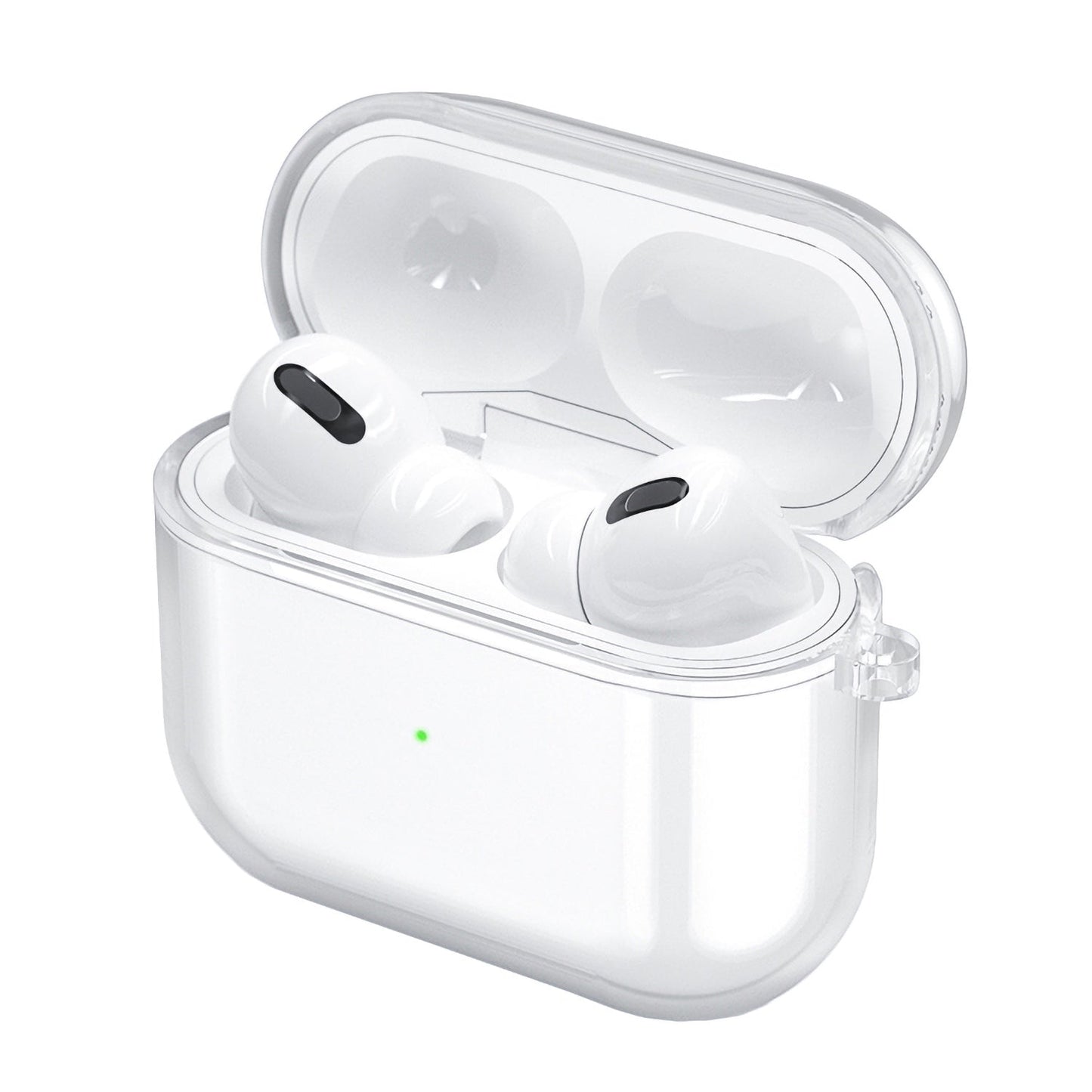 Weiße kabellose Ohrstöpsel in einem geöffneten AirPods Pro 3 Case 2025 zeigen ein dezentes grünes Licht, geschützt durch das arktis AirPods Pro 3 Invisible Air Case - die strapazierfähige TPU-Silikonhülle von arktis für schlanken, zuverlässigen Schutz.