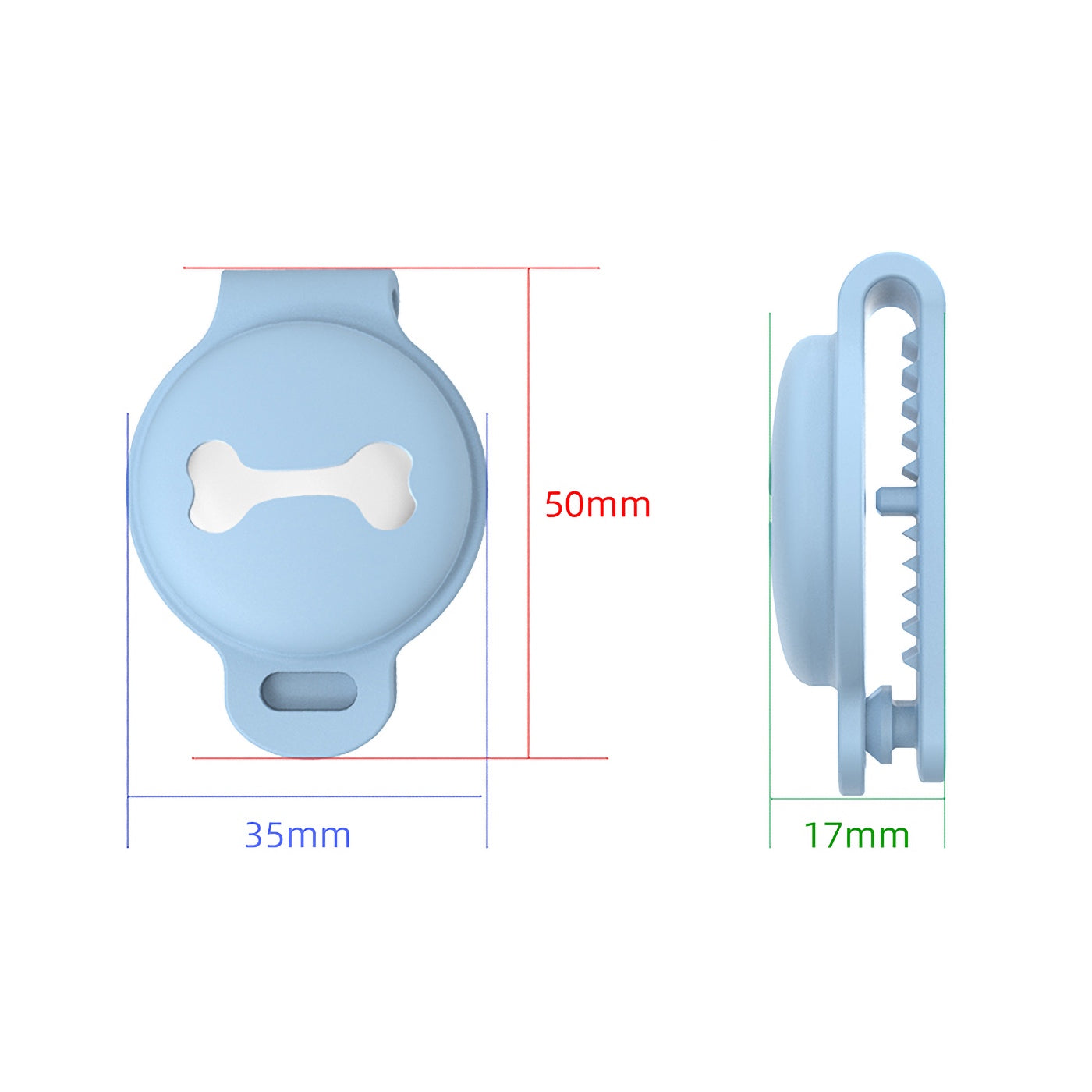 Der ArktisPRO AirTag Hunde Anhänger Bone Bag, ein hellblauer, runder Haustiermarkenhalter mit Knochenausschnitt, misst 50 x 35 x 17 mm und verfügt über einen Clip-Mechanismus zur einfachen Befestigung. Von vorne und von der Seite abgebildet.