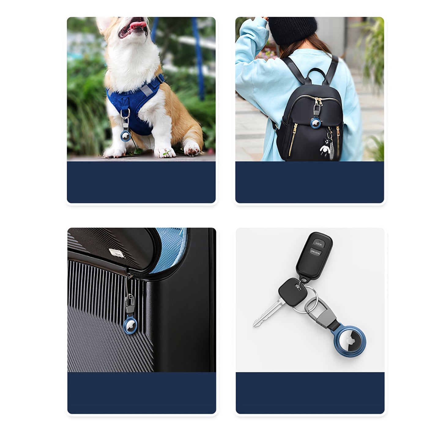 Vier Bilder zeigen den Aviato AirTag AIRCRAFT Anhänger von Aviato aus hochwertigem Kunstleder, befestigt an einem Hundegeschirr, Rucksack, Koffer und Schlüsselbund.