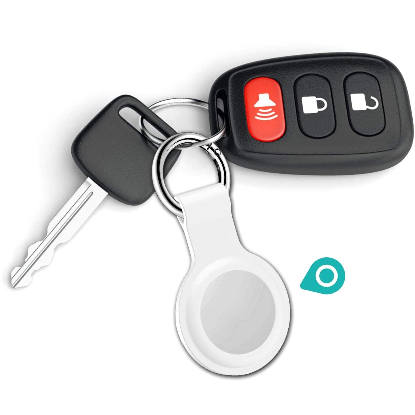 Ein Autoschlüssel, eine Fernbedienung und ein weißer iCEO Airtag-Anhänger aus Silikon sind zusammen an einem Schlüsselring befestigt.