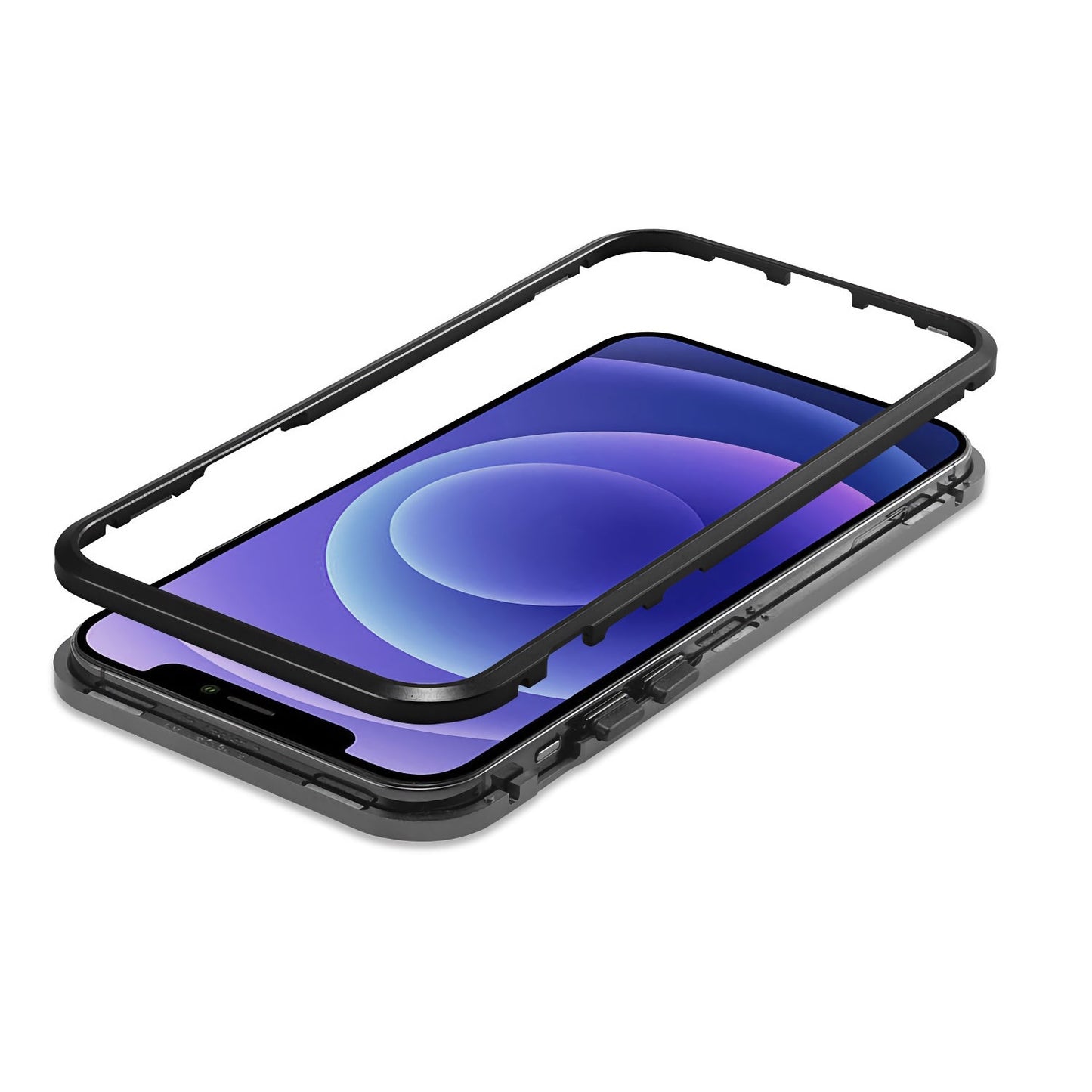 Das Aviato Magnetic Aluminum Case für das iPhone 14 in Schwarz ist teilweise separat über einem Smartphone mit violettem Display abgebildet, bietet Komplettschutz und schützt die iPhone-Kamera.