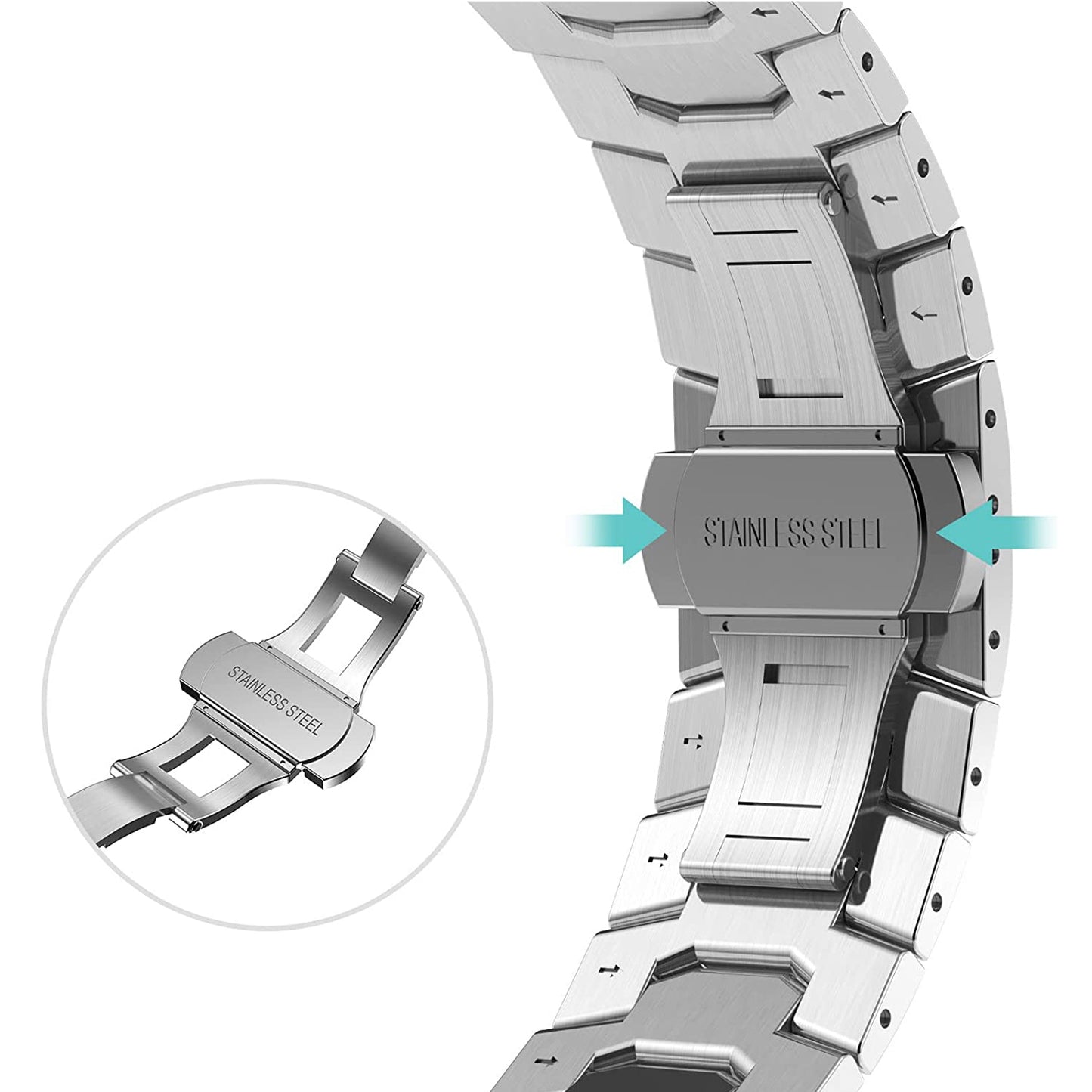 Nahaufnahme des Arktisband Apple Watch Edelstahlarmbands "Momento" mit Faltschließe. Im Bildausschnitt ist der Öffnungsmechanismus des Gliederarmbands hervorgehoben. Blaue Pfeile zeigen an, wo gedrückt werden muss. Kompatibel mit der Apple Watch.
