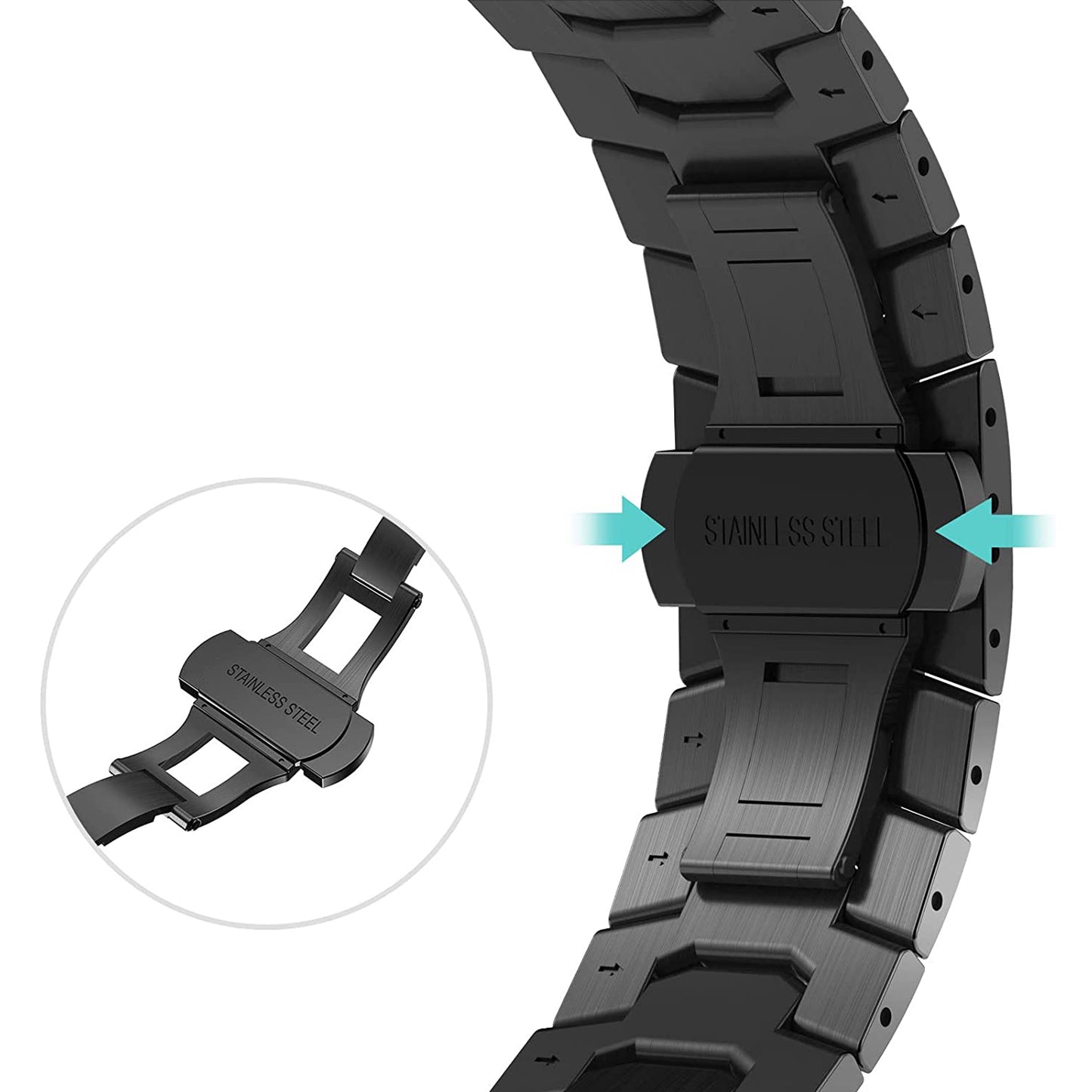 Nahaufnahme des arktisband Apple Watch Edelstahlarmbands "Momento" in Schwarz mit einem Verschluss, hervorgehoben durch blaue Pfeile und der Gravur „EDELSTAHL“. Ein Einschub zeigt den Mechanismus. Kompatibel mit der Apple Watch bietet dieses Armband von arktisband Stil und Präzision.
