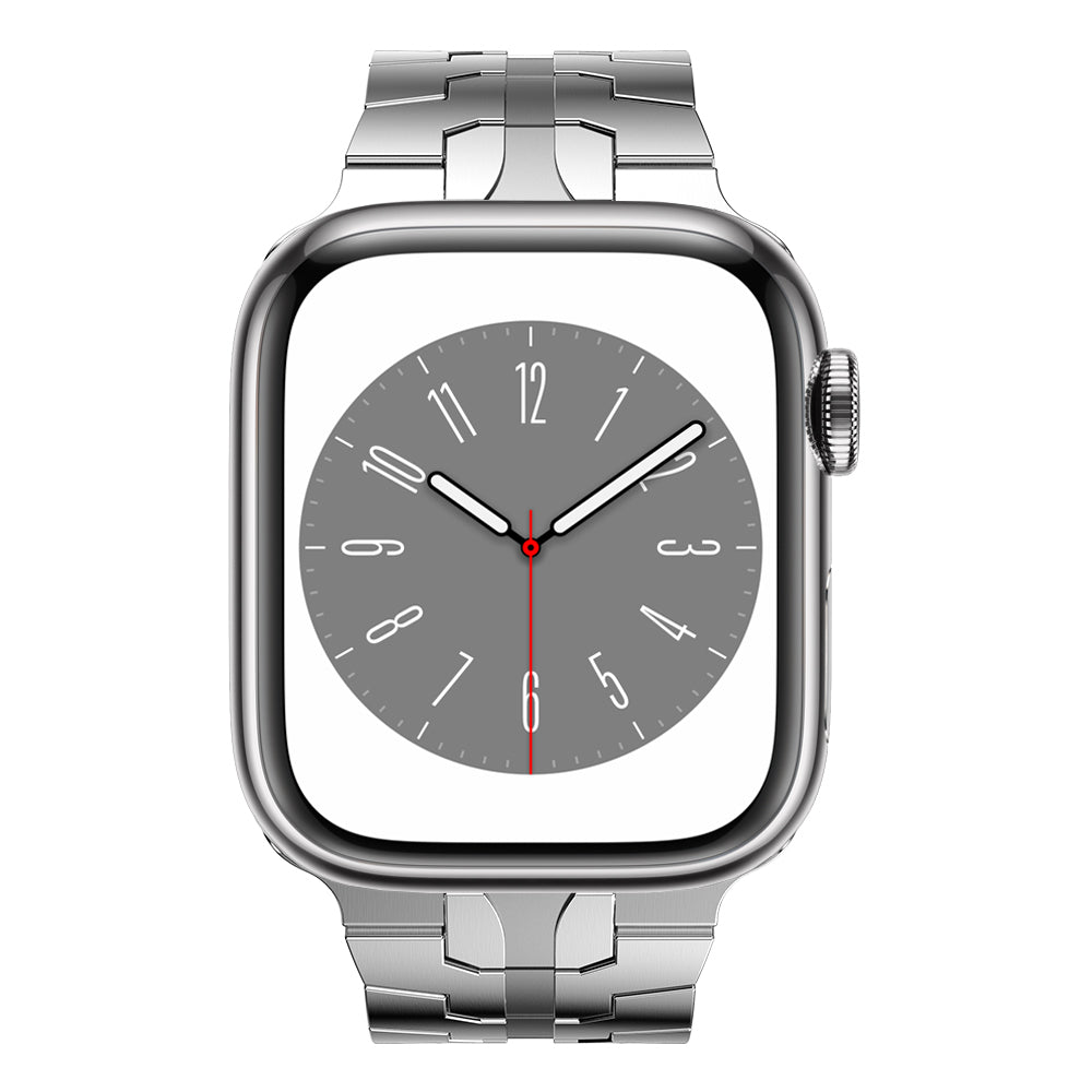 Das arktisband Apple Watch Edelstahl Armband „Momento“ verfügt über eine silberne Smartwatch mit analogem Zifferblatt, weißen Stunden-/Minutenzeigern, rotem Sekundenzeiger, grauem Hintergrund und zeigt die Uhrzeit 10:09:32 an.