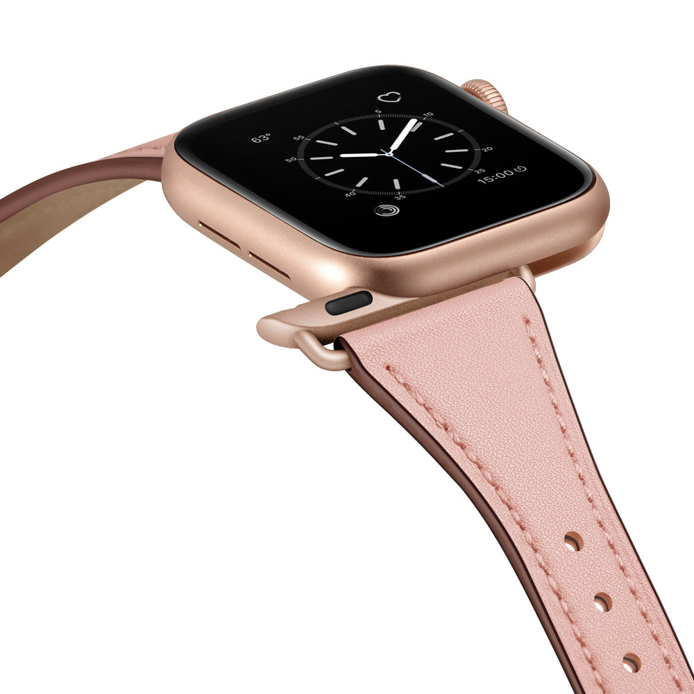 Eine Nahaufnahme des arktisband Apple Watch Lederarmband „Napoli“ in Roségold mit einem rosafarbenen Echtlederarmband, mit einer analogen Uhr bei 6:00, die die rechteckige Form und den minimalistischen Stil der Smartwatch betont.