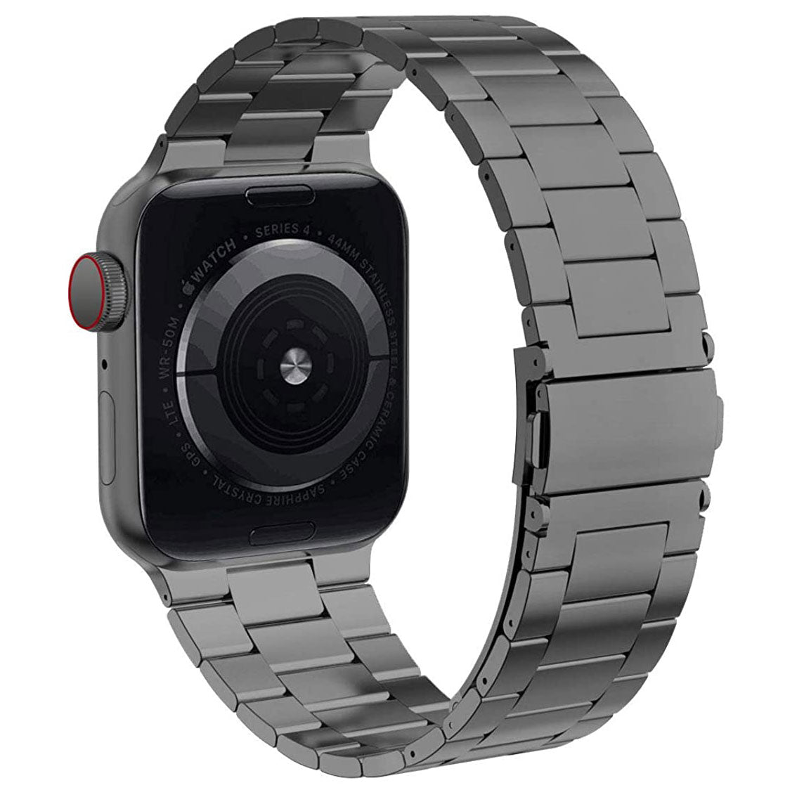 Eine schwarze Apple Watch mit rundem Sensor auf der Rückseite ist am arktisband Apple Watch Edelstahl Gliederarmband „Edition S“ befestigt, dessen minimalistisches Design von der schrägen Rückansicht aus deutlich wird, da das Band eine Teilschlaufe bildet.