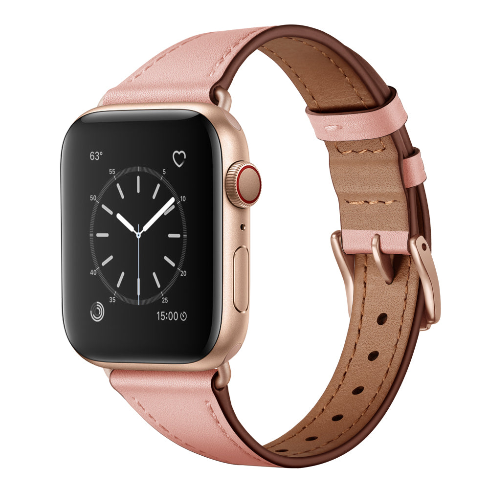 Das arktisband Apple Watch Lederarmband „Napoli“ von arktisband kombiniert rosa und braunes Echtleder mit einer Metallschnalle und ergänzt eine minimalistische goldene Smartwatch mit Wetter-, Herz- und Timersymbolen auf ihrem rechteckigen Analogdisplay.
