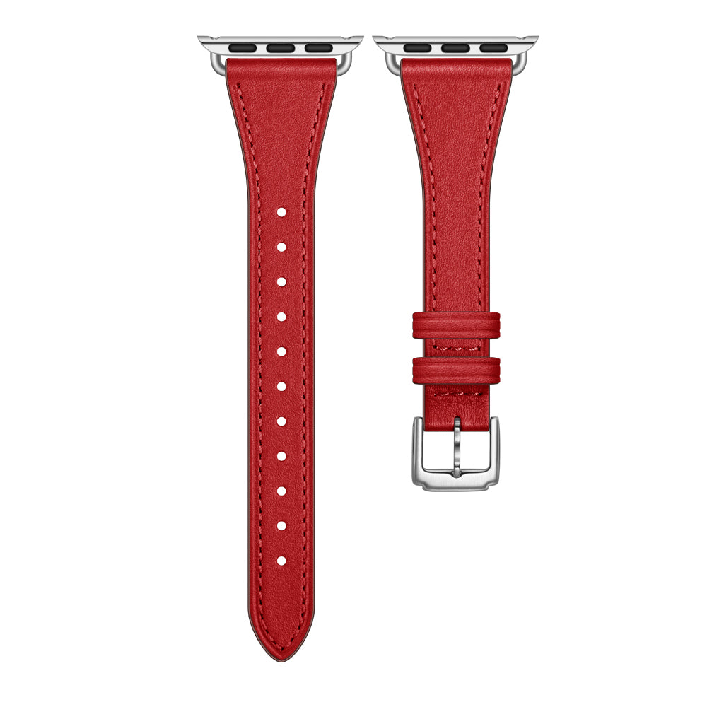 Zwei rote Armbänder der Apple Watch Lederarmbänder „Napoli“ der Marke Armbänder mit silbernen Adaptern und Schließe liegen auf weißem Hintergrund. Eines hat mehrere Verstelllöcher, das andere eine Schnalle sowie zwei Schlaufen.