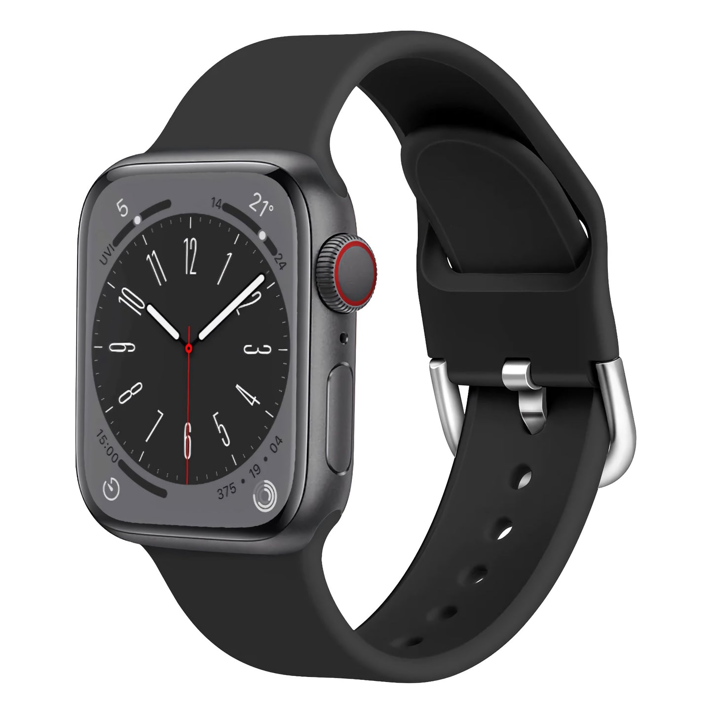 Das Arktisband Apple Watch Silikonarmband „Aqua“ besteht aus einer schwarzen, rechteckigen Smartwatch mit sportlichem Armband und silbernem Seitenknopf. Es zeigt eine analoge Uhr mit weißen Ziffern und rotem Sekundenzeiger auf schlichtem, weißem Hintergrund. Apple Watch kompatibel.