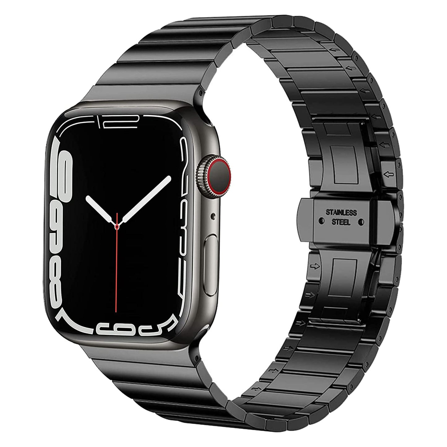Das arktisband Apple Watch Edelstahl Gliederarmband "Iconic" ist ein schwarzes Smartwatch-Armband mit rechteckigem Display, minimalistischen weißen Ziffern, rot akzentuierter Krone und einer Butterfly-Schließe mit EDELSTAHL-Gravur. Kompatibel mit der Apple Watch.