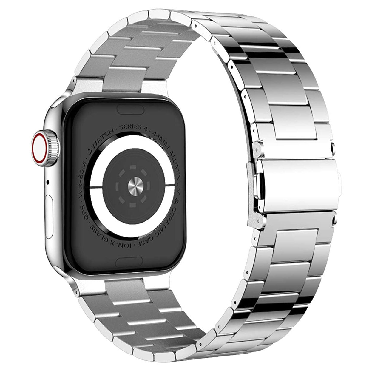 Das arktisband Apple Watch Edelstahl Gliederarmband „Edition S“ wird aus einer schrägen Rückansicht gezeigt, wobei die Edelstahlglieder, sichtbaren Sensoren und der Seitenknopf mit einem roten Ring für eine minimalistische Note hervorgehoben werden.