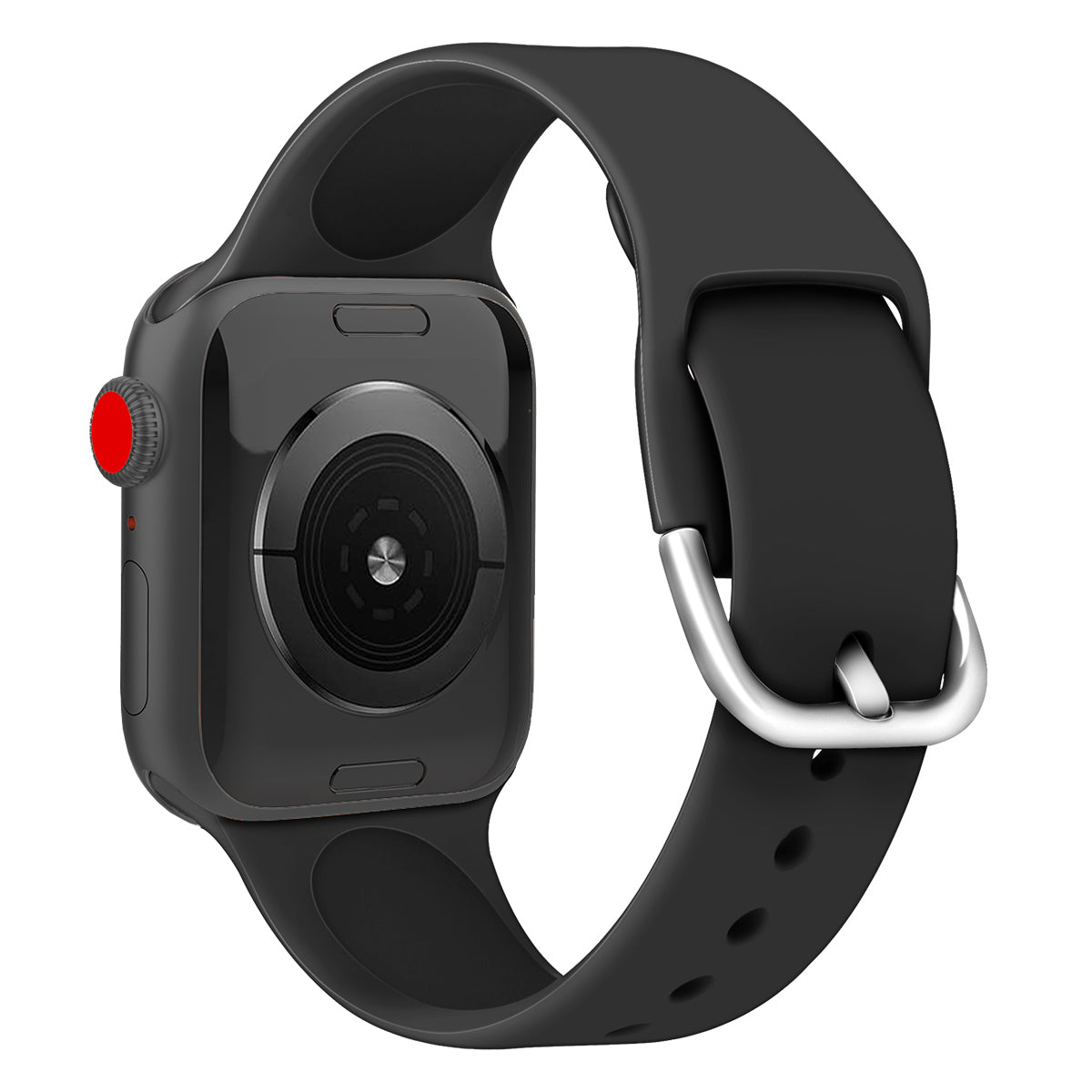 Das arktisband Apple Watch Silikonarmband „Aqua“ von arktisband in Schwarz mit sportlichem Design, rotem Akzent an der Krone und silberner Schließe wird aus schrägem Blickwinkel vor weißem Hintergrund gezeigt.