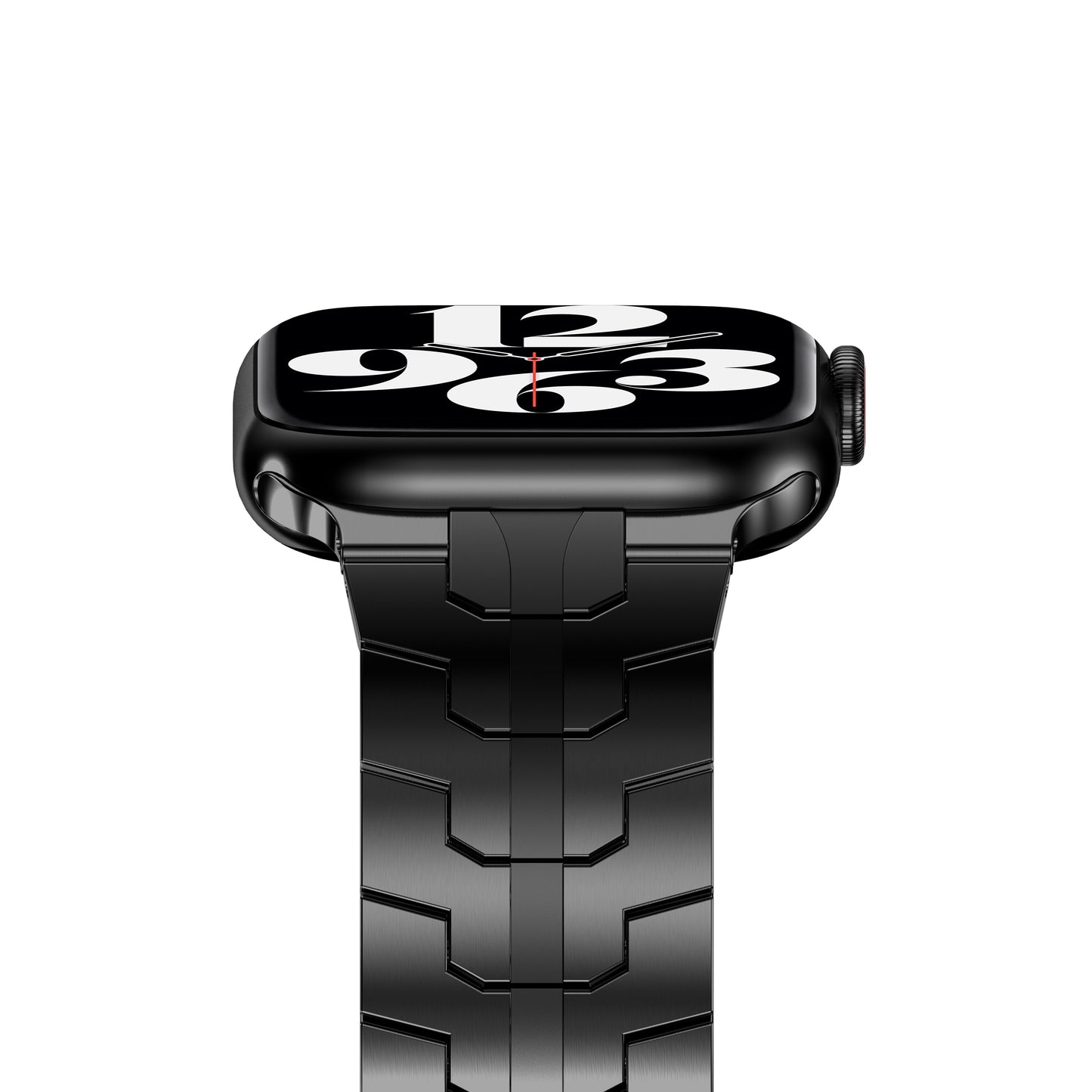 Das arktisband Apple Watch Edelstahlarmband "Momento" ist ein schwarzes Smartwatch-Armband mit Metallgliedern und einer Digitalanzeige mit großen weißen Ziffern und rotem Sekundenzeiger. Kompatibel mit der Apple Watch. Abbildung auf schlichtem weißem Hintergrund.