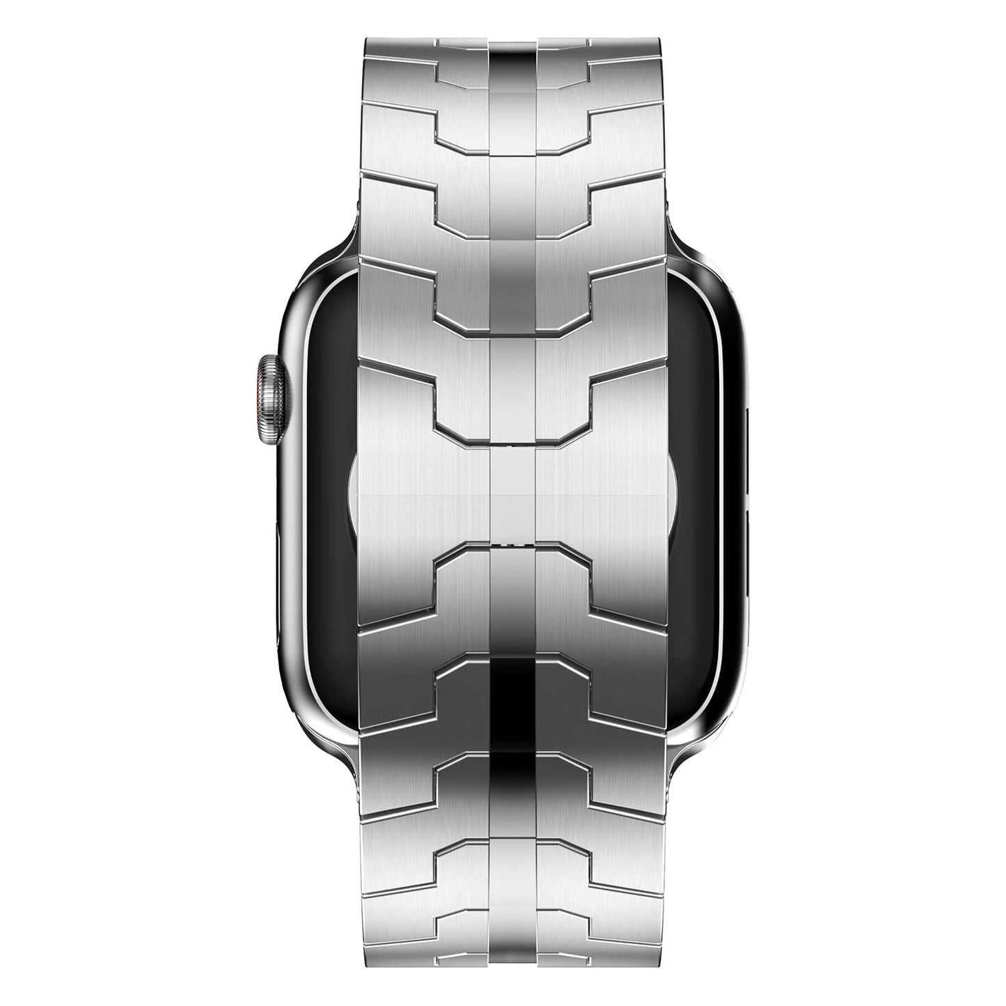 Eine Nahaufnahme des arktisband Apple Watch Edelstahlarmbands „Momento“ zeigt die eckigen, geometrischen Glieder von oben, wobei der Großteil des Zifferblatts verdeckt ist. Das stylische Armband ist mit der Apple Watch kompatibel und wurde von arktisband gefertigt.