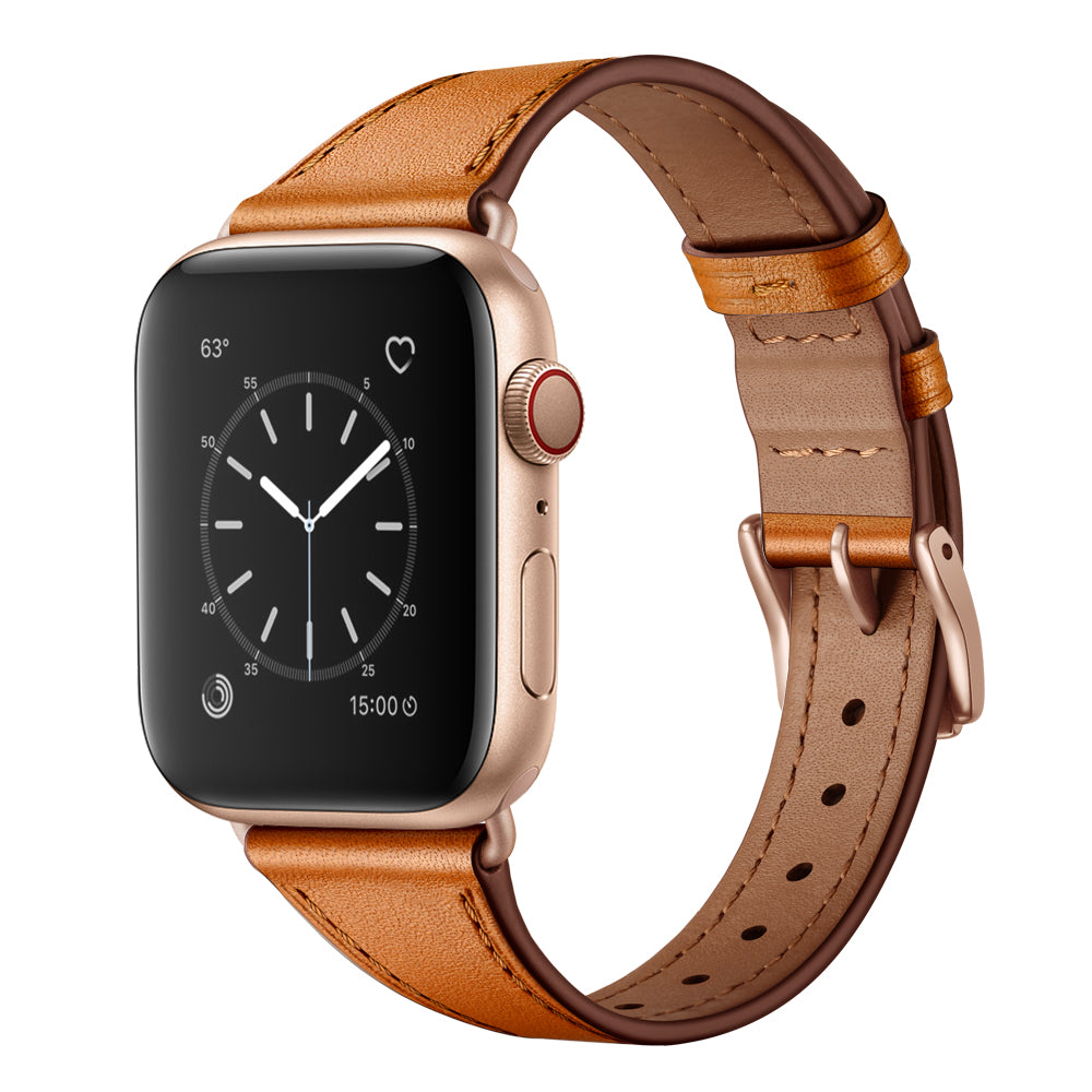 Eine goldene Smartwatch mit rechteckigem, schwarzem Touchscreen zeigt ein analoges Zifferblatt, ein Herzsymbol, Temperatur und Uhrzeit an. Sie ist am arktisband Apple Watch Lederarmband „Napoli“ von arktisband befestigt.