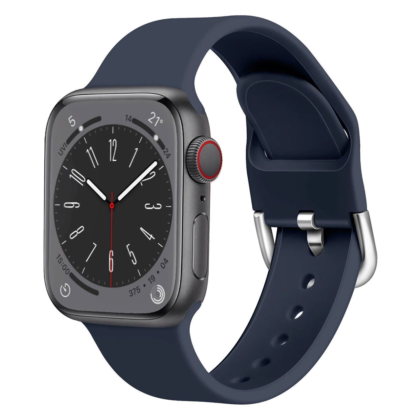 Das Arktisband Apple Watch Silikonarmband „Aqua“ verfügt über ein dunkelgraues rechteckiges Gehäuse und ein aquafarbenes sportliches Silikonarmband mit einem analogen Zifferblatt mit weißen Stunden- und Minutenzeigern, einem roten Sekundenzeiger und weißen Stundenmarkierungen.