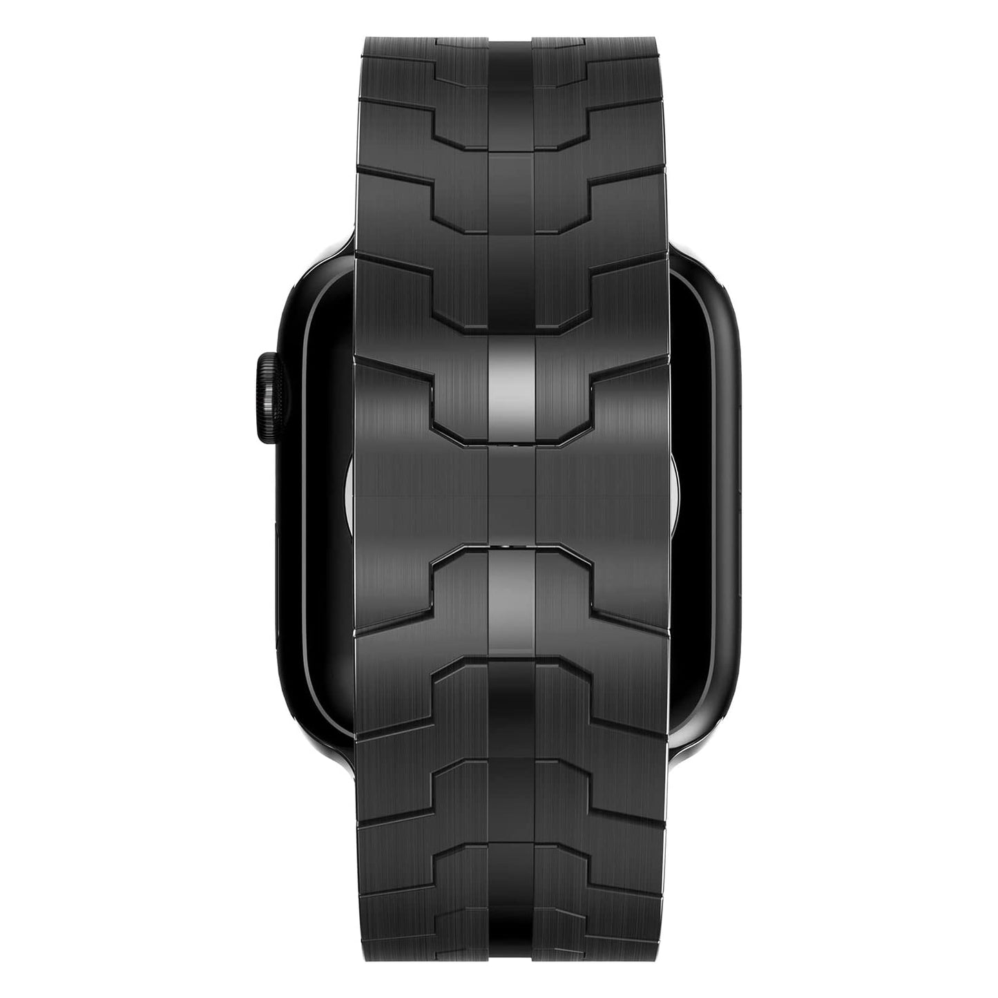 Das arktisband Apple Watch Edelstahlarmband "Momento" in Schwarz ist von oben abgebildet und besticht durch sein segmentiertes, eckiges, geometrisches Design. Das stylische Armband verdeckt das Zifferblatt größtenteils und ist mit der Apple Watch kompatibel.