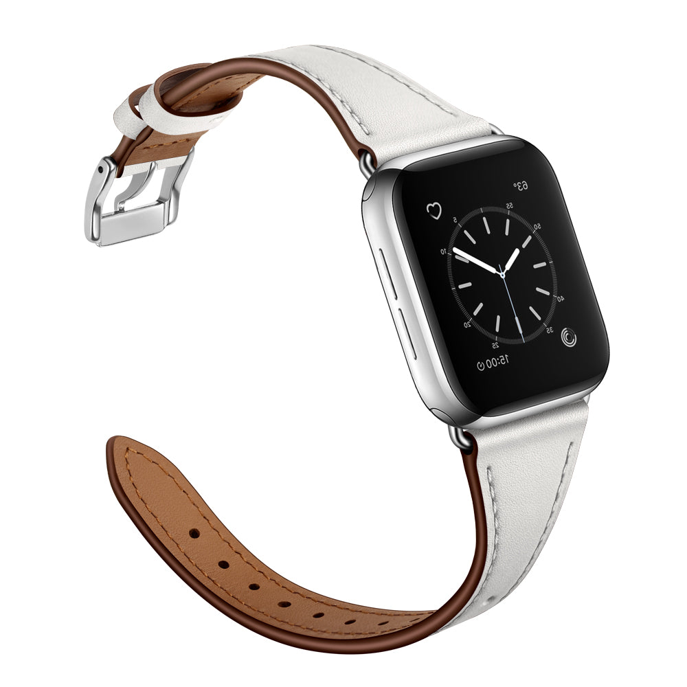 Das Arktisband Apple Watch Lederarmband „Napoli“ verfügt über ein weißes Echtlederarmband mit braunem Futter auf einer rechteckigen schwarzen Smartwatch und kombiniert ein analoges Zifferblatt und ein digitales Herzfrequenzsymbol für einen klaren, minimalistischen Stil.