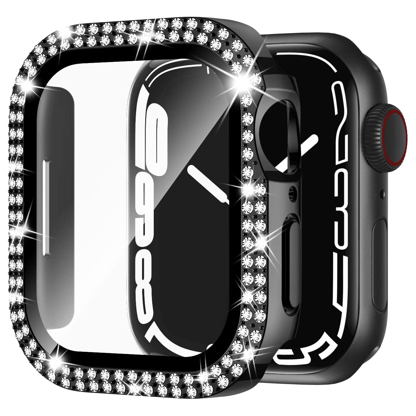 Die arktisband GLAMOUR Glitzerhülle für Apple Watch ist eine schwarze Hülle mit einer klaren, gehärteten Schutzglasfront und zwei Reihen Strasssteinchen, die so gestaltet ist, dass sie über das Display Ihrer Smartwatch passt.