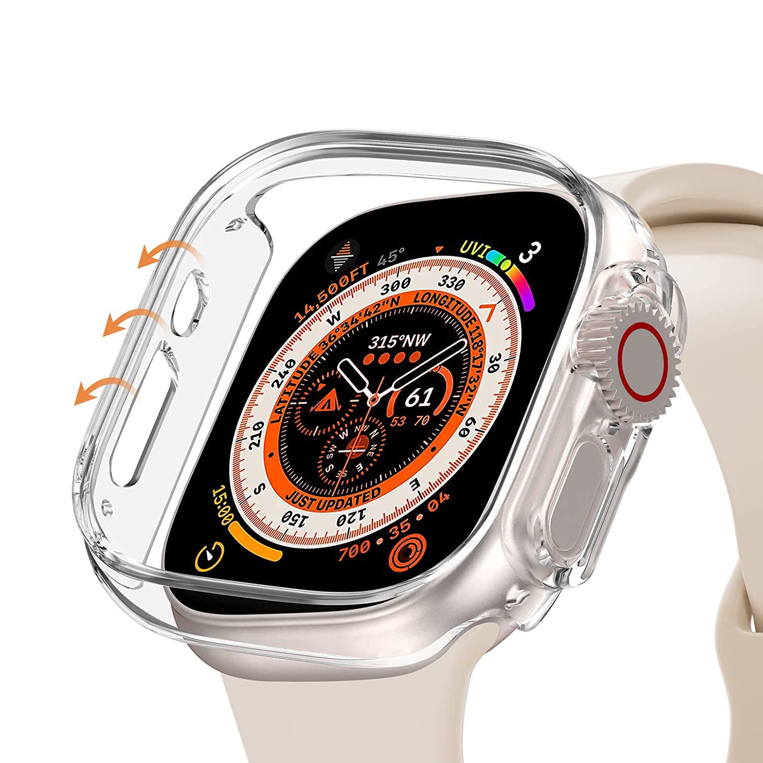 Der ArktisPRO CRYZTAL BUMPER für die Apple Watch Ultra 49 mm ist eine transparente Schutzhülle aus Polycarbonat, die mit einem beigen Band perfekt auf das Display und die Seiten Ihrer Uhr passt.