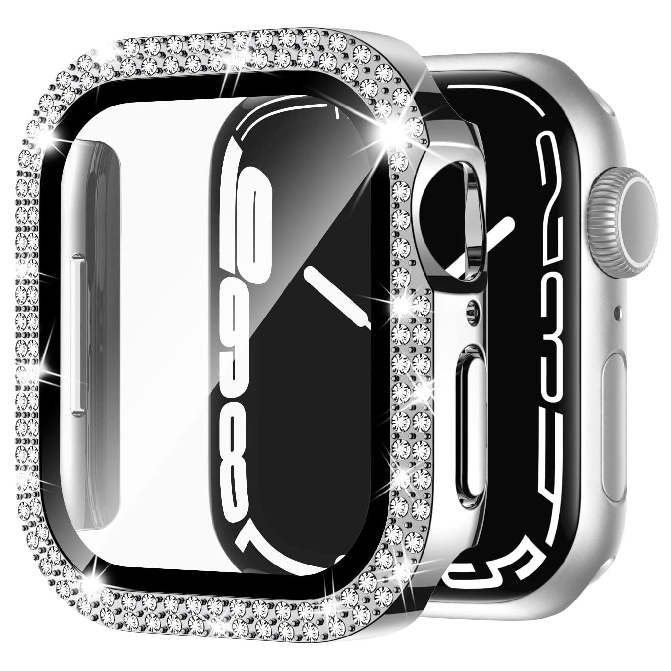 Eine Nahaufnahme der arktisband GLAMOUR Glitzerhülle für die Apple Watch zeigt die mit Strasssteinen besetzte Lünette und das gehärtete Glas, das Ihre Smartwatch stilvoll schützt. Das Zifferblatt zeigt weiße abstrakte Muster auf schwarzem Hintergrund.