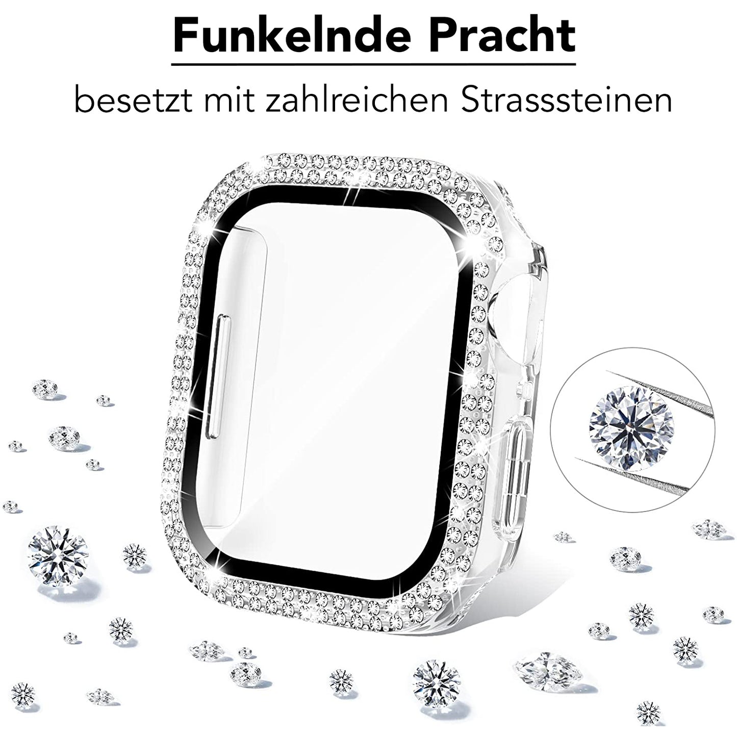Die arktisband GLAMOUR Glitzerhülle für die Apple Watch ist mit verstreuten Strasssteinen versehen; ein vergrößertes Detail zeigt einen davon im Detail. Das „arktisband“-Branding und der deutsche Text sind oben im Bild zu sehen.