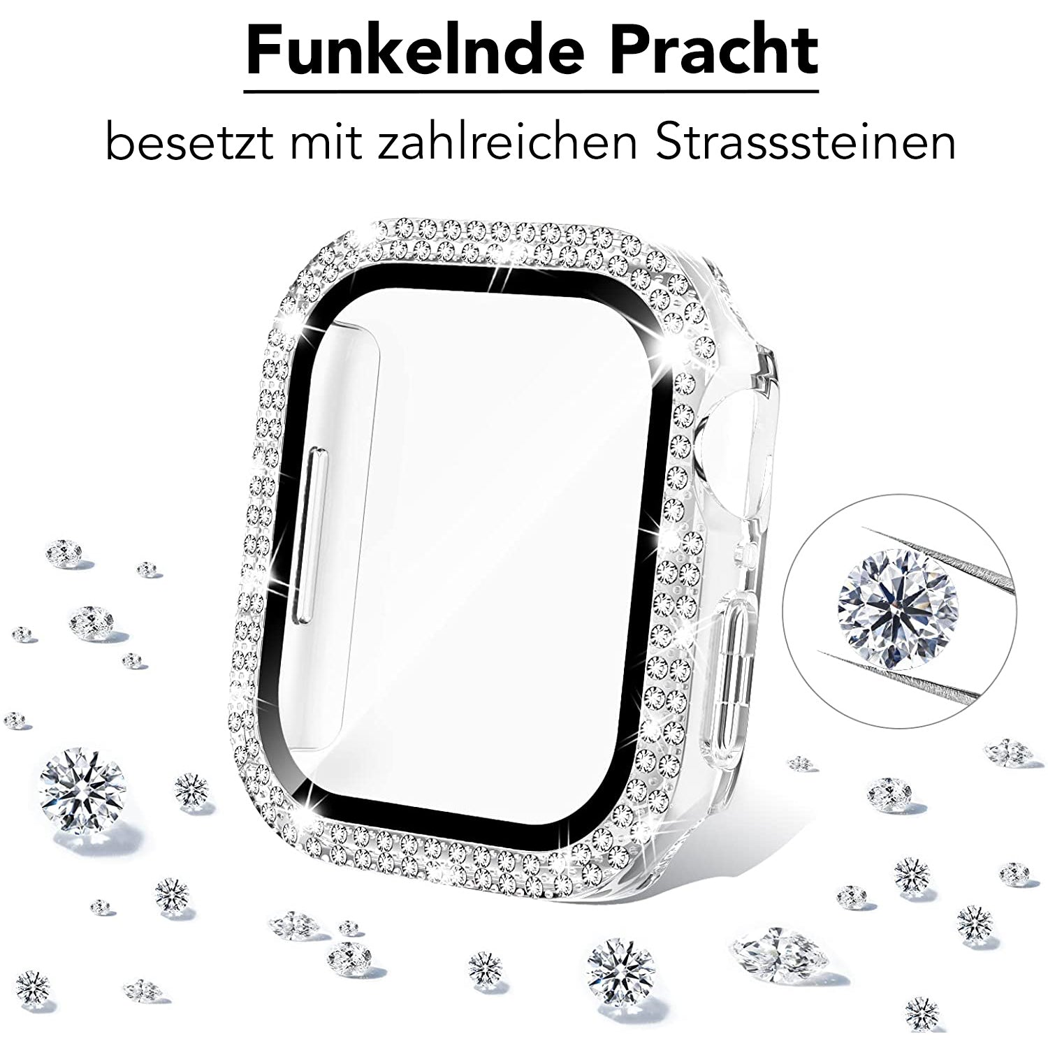Die arktisband GLAMOUR Glitzerhülle für die Apple Watch ist mit verstreuten Strasssteinen versehen; ein vergrößertes Detail zeigt einen davon im Detail. Das „arktisband“-Branding und der deutsche Text sind oben im Bild zu sehen.