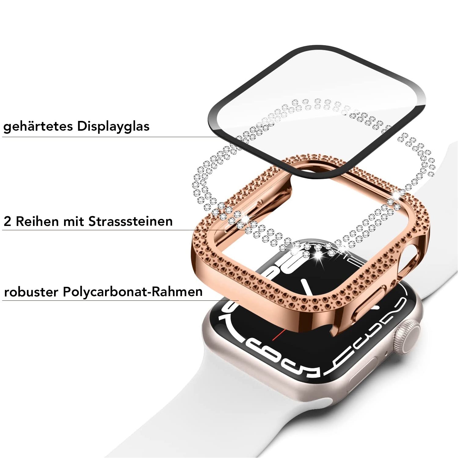 Das Diagramm der arktisband GLAMOUR Glitzerhülle für Apple Watch zeigt drei beschriftete Schichten: gehärtetes Schutzglas, roségoldene Fassung mit zweireihigen Strasssteinchen und robuste Polycarbonat-Schale.