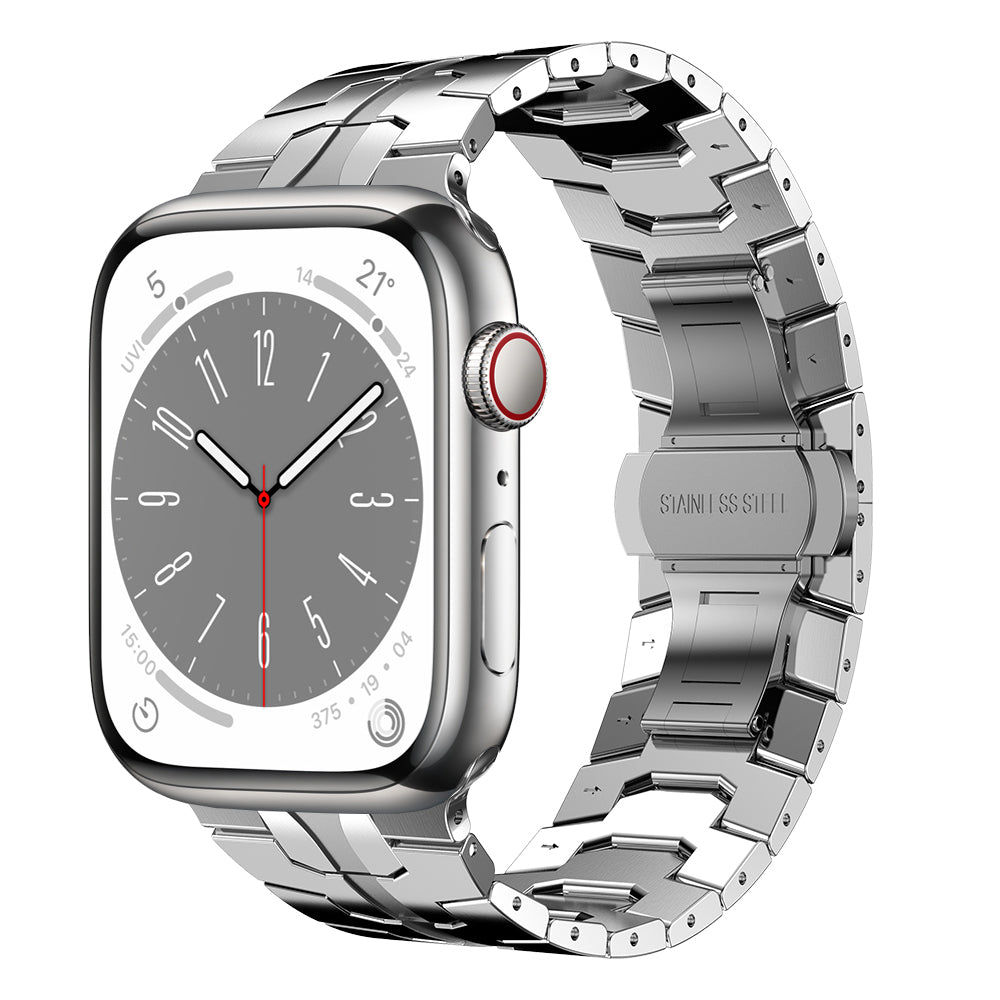 Das arktisband Apple Watch Edelstahl Armband „Momento“ ist eine silberne Smartwatch mit rechteckigem Zifferblatt und Edelstahlgliederband, ausgestattet mit einer analogen Uhranzeige mit grauem Hintergrund und weißen Stundenmarkierungen, kompatibel mit der Apple Watch.
