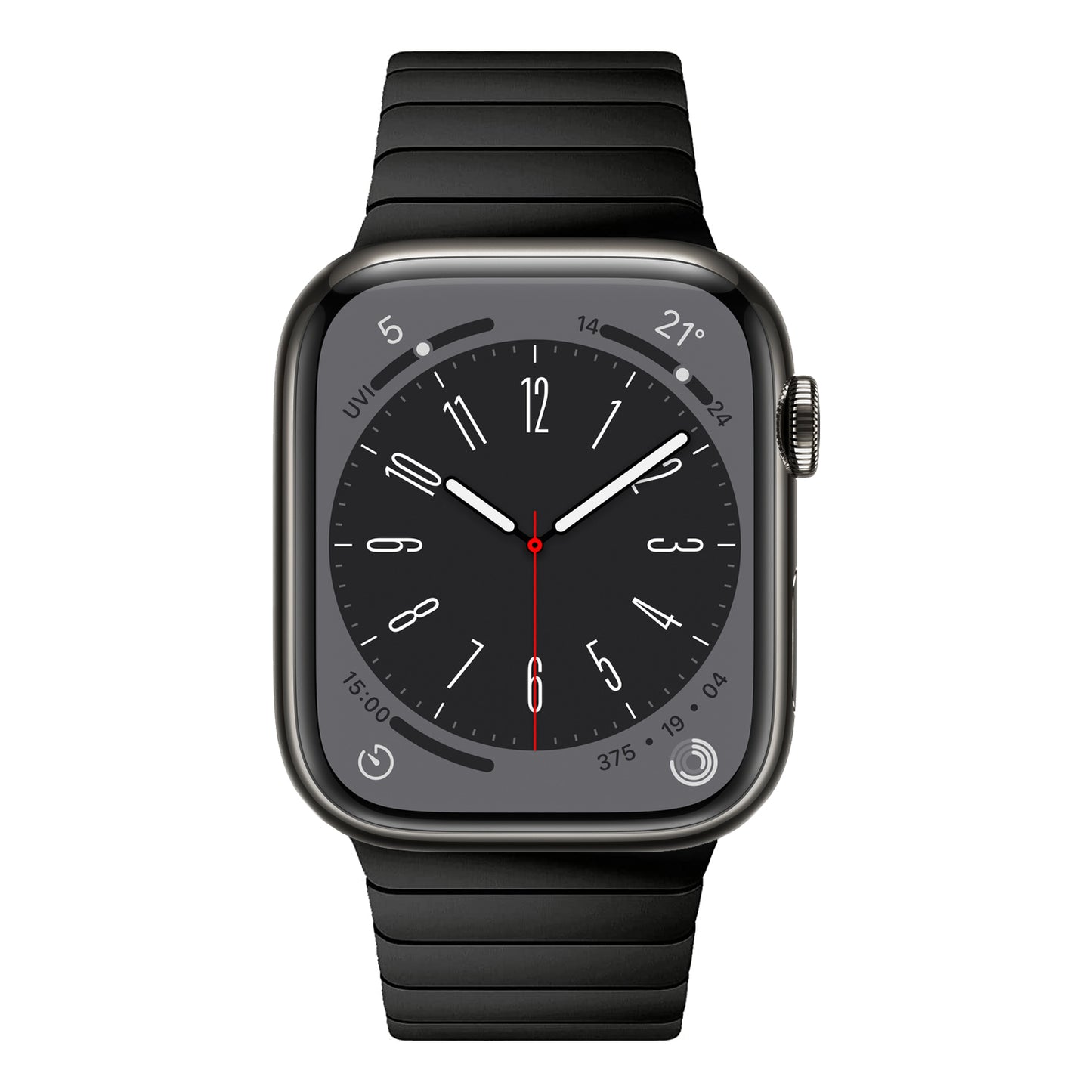 Eine schwarze Smartwatch mit rechteckigem Zifferblatt zeigt eine analoge Uhr und digitale Details, ausgestattet mit dem Arktisband Apple Watch Edelstahl Gliederarmband "Iconic" mit Butterfly-Schließe, kompatibel mit der Apple Watch.
