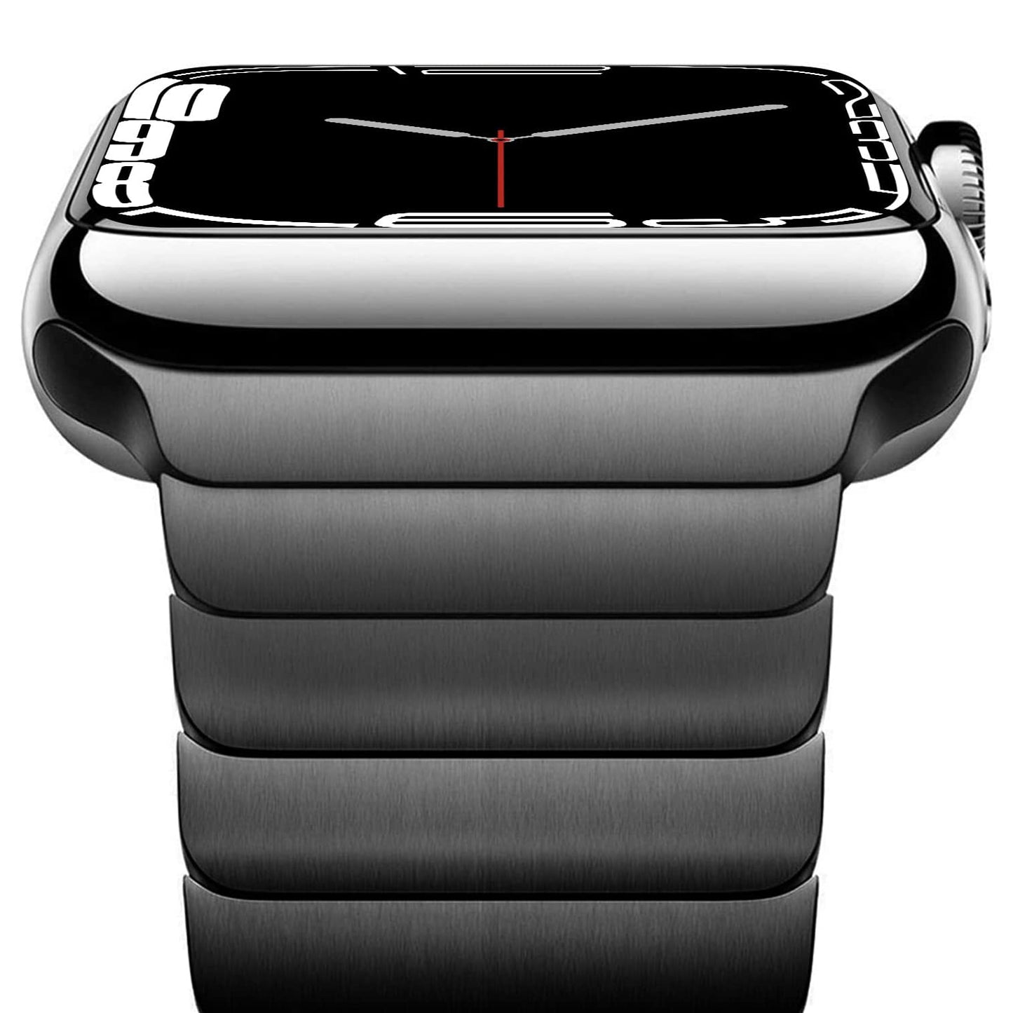 Eine Nahaufnahme einer Smartwatch mit schwarzem, rechteckigem Zifferblatt und silbernem Gehäuse, ausgestattet mit dem Arktisband Apple Watch Edelstahl Gliederarmband „Iconic“. Die digitale Zeitanzeige ist teilweise sichtbar.
