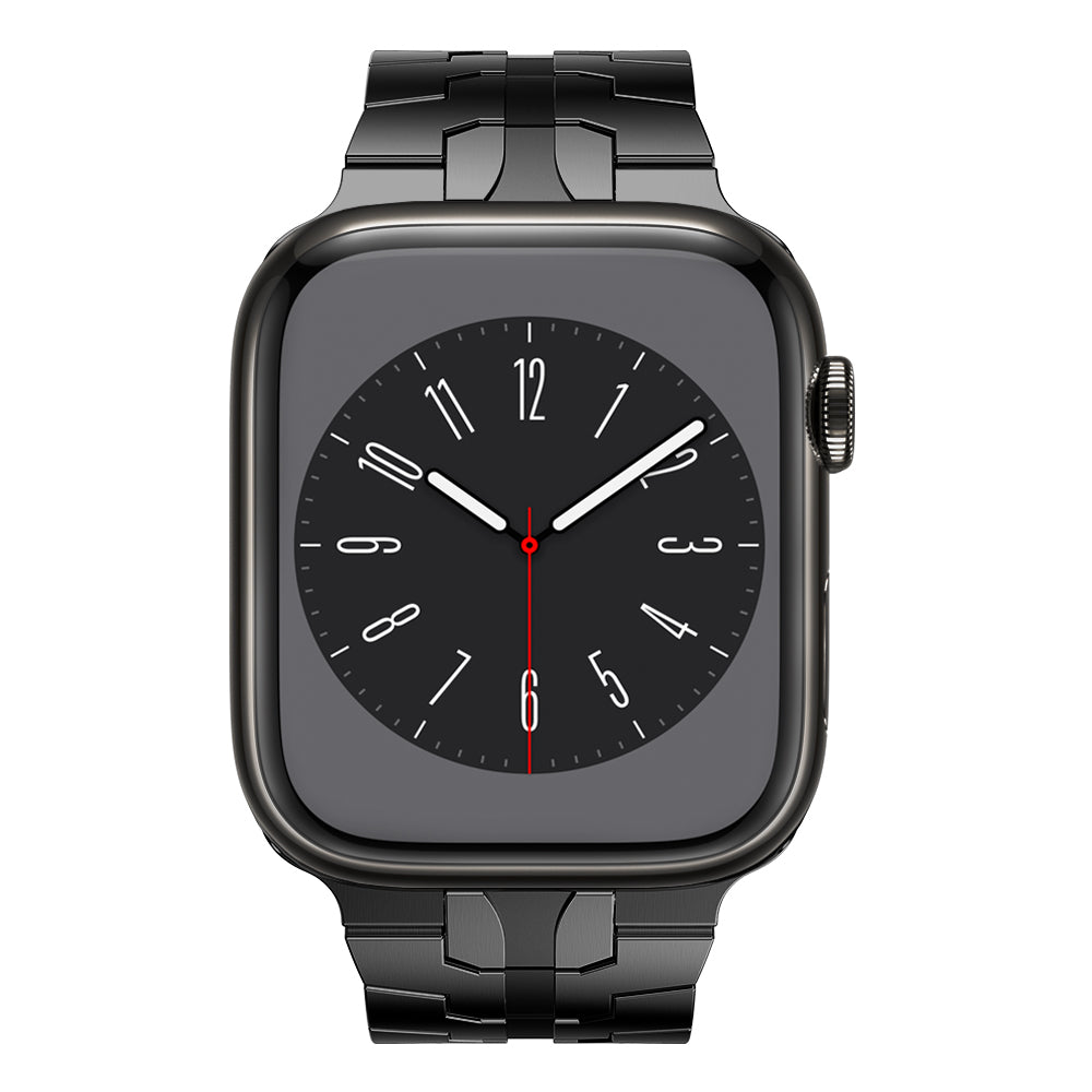Das arktisband Apple Watch Edelstahl Armband „Momento“ verfügt über eine schwarze Smartwatch mit analoger Anzeige bei 1:52:16, rechteckigem, abgerundetem Bildschirm, silberner Krone auf der rechten Seite und ist kompatibel mit der Apple Watch für vielseitigen Stil.