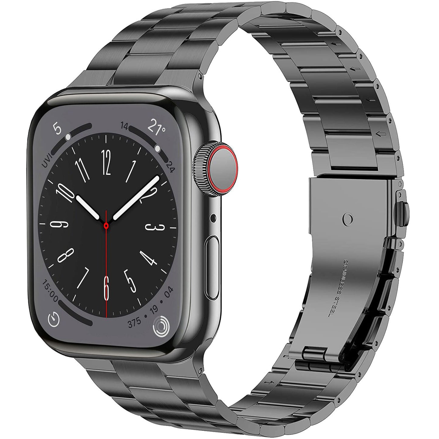 Das arktisband Apple Watch Edelstahl Gliederarmband „Edition S“ ist eine Smartwatch aus silbernem Metall mit einem schwarzen Analogdisplay bei 10:09, einem Edelstahlarmband und einem roten Ring an der Seitentaste für minimalistisches Design.