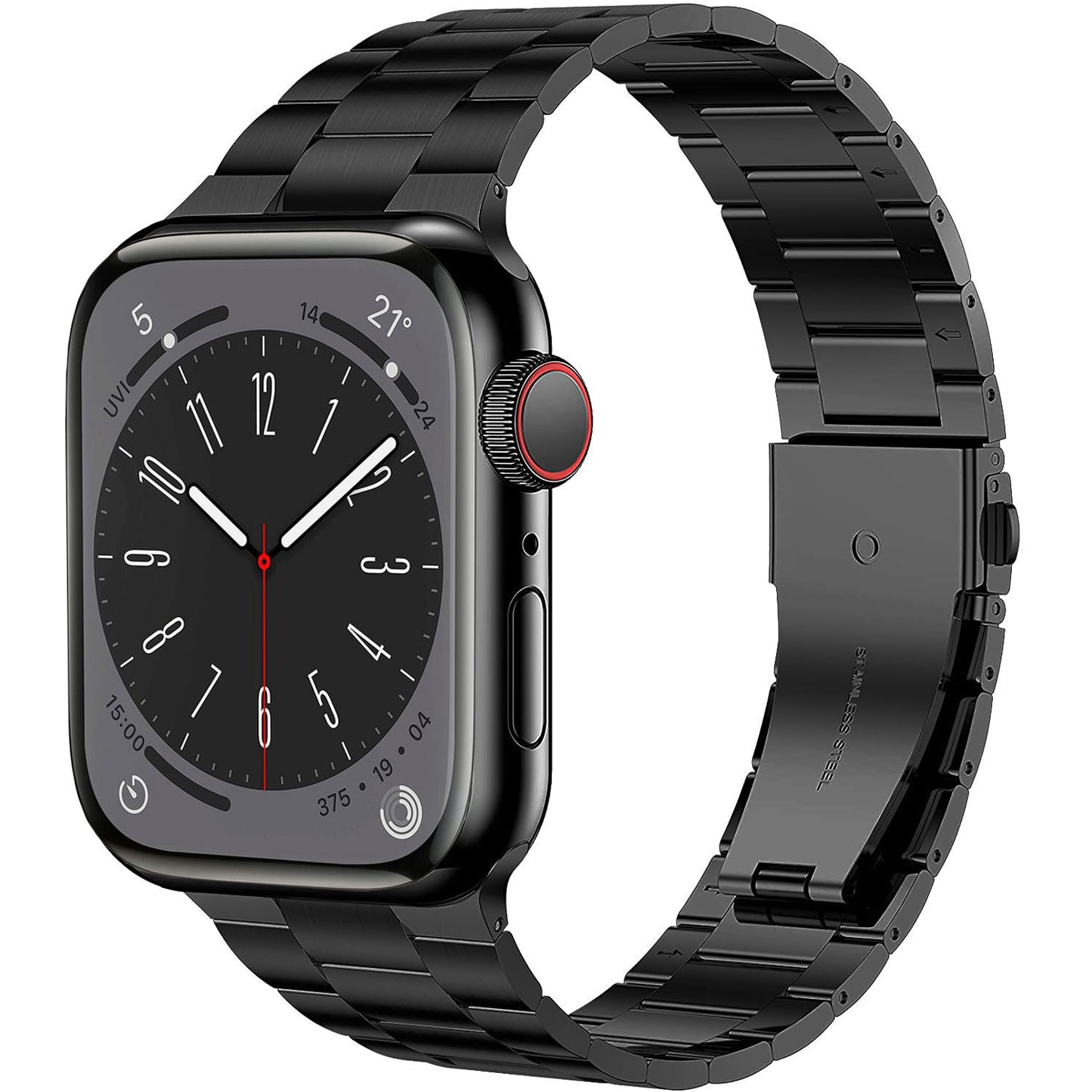 Das arktisband Apple Watch Edelstahl Gliederarmband „Edition S“ ist eine schwarze Smartwatch mit rundem Display, Edelstahlarmband, rot umrandeter Krone und einem analogen Zifferblatt mit weißen Zeigern für ein minimalistisches Design.