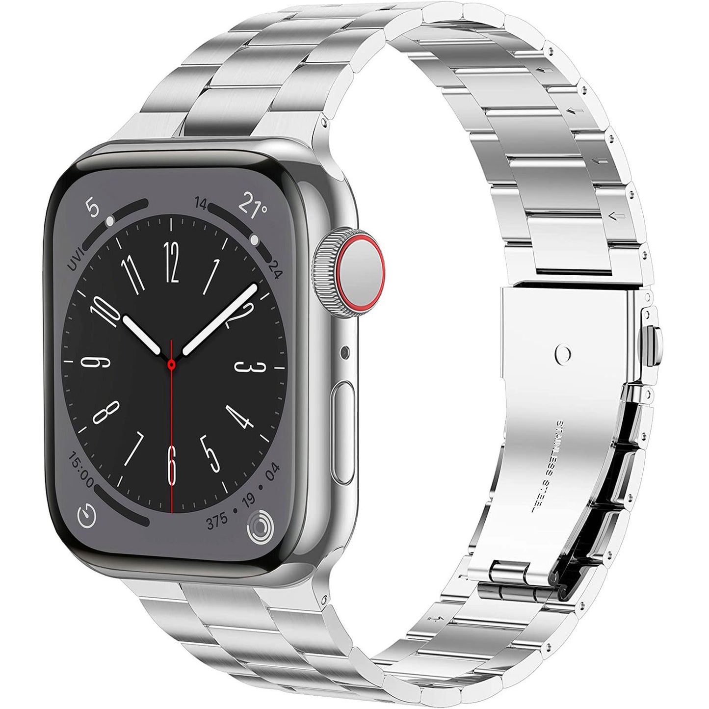 Das arktisband Apple Watch Edelstahl Gliederarmband „Edition S“ verfügt über ein minimalistisches silbernes Design, ein analoges Zifferblatt mit weißen Stunden- und Minutenzeigern, einem roten Sekundenzeiger, numerischen Stundenmarkierungen und einer Krone mit einem roten Ring.