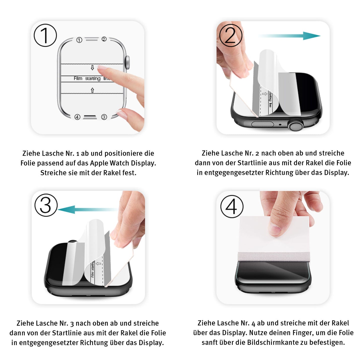 Visuelle Anleitung in vier Schritten zum Anbringen der Arktis Apple Watch Ultra 49 mm Full Protection Schutzfolie (2er Set) von Arktis, die eine vollständige Abdeckung der Vorderseite mit ultraklarer, kratzfester Folie bietet.